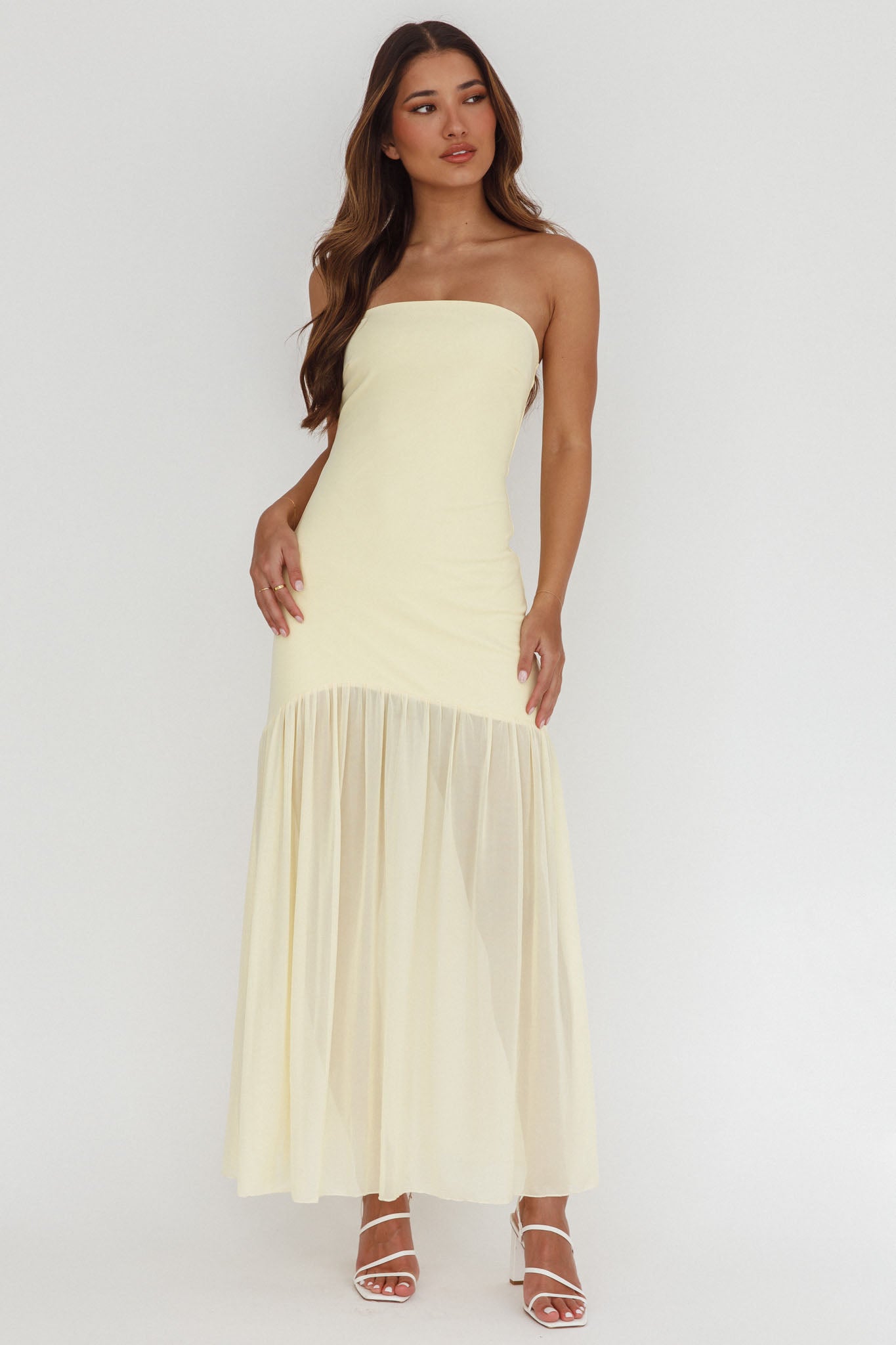 Wilma Sheer Hem Strapless Midi Dress Butter - L Wilma Sheer Hem Strapless Midi Dress Butter - L