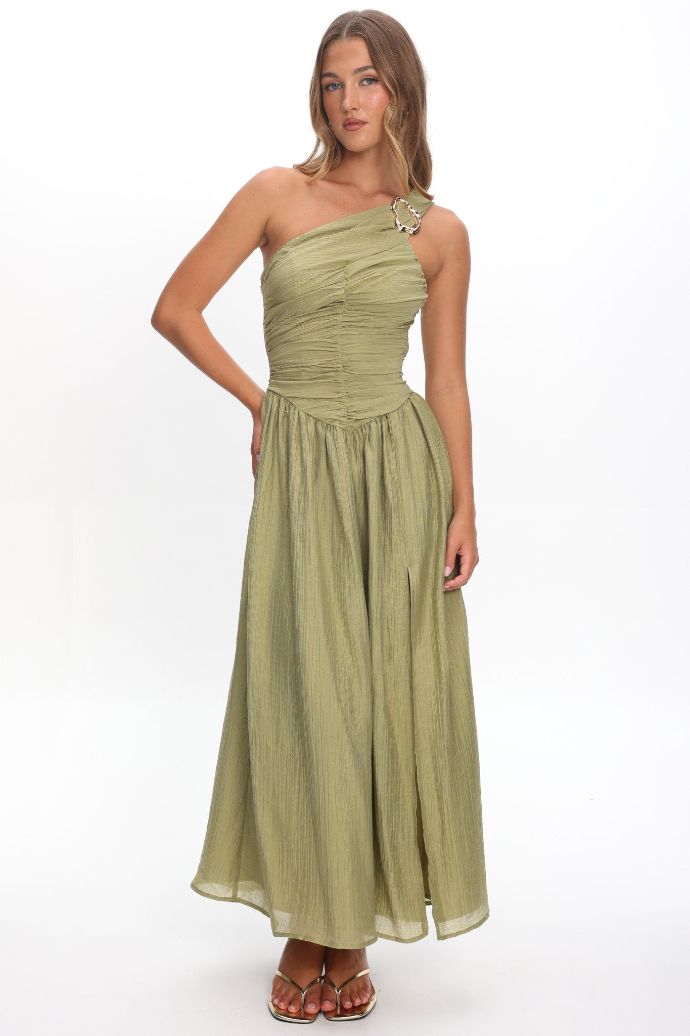 Andrina One-Shoulder Ruched Maxi Dress Olive– Selfie Leslie