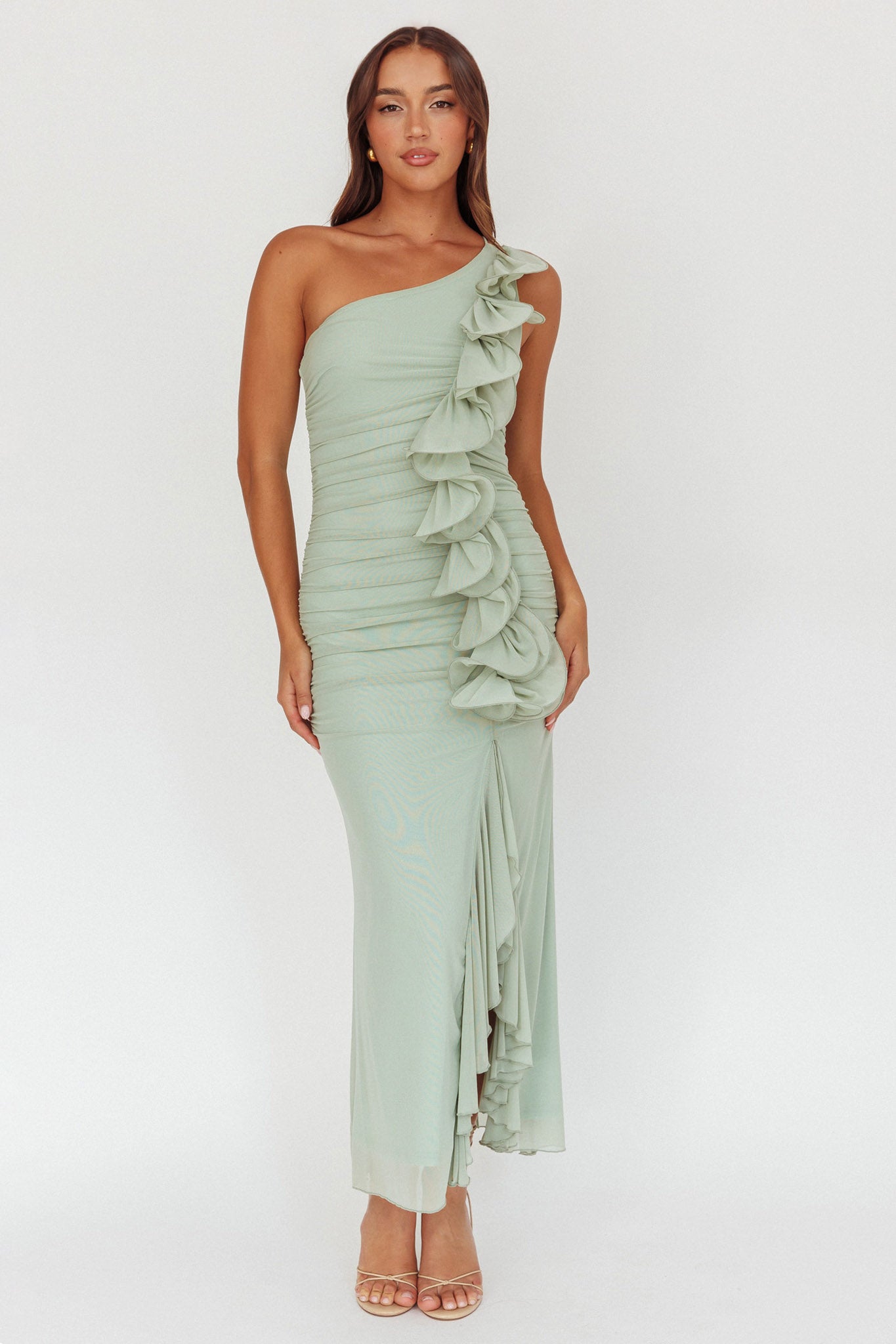 Haven One-Shoulder Ruffle Accent Maxi Dress Sage | Selfie Leslie Haven One-Shoulder Ruffle Accent Maxi Dress Sage | Selfie Leslie
