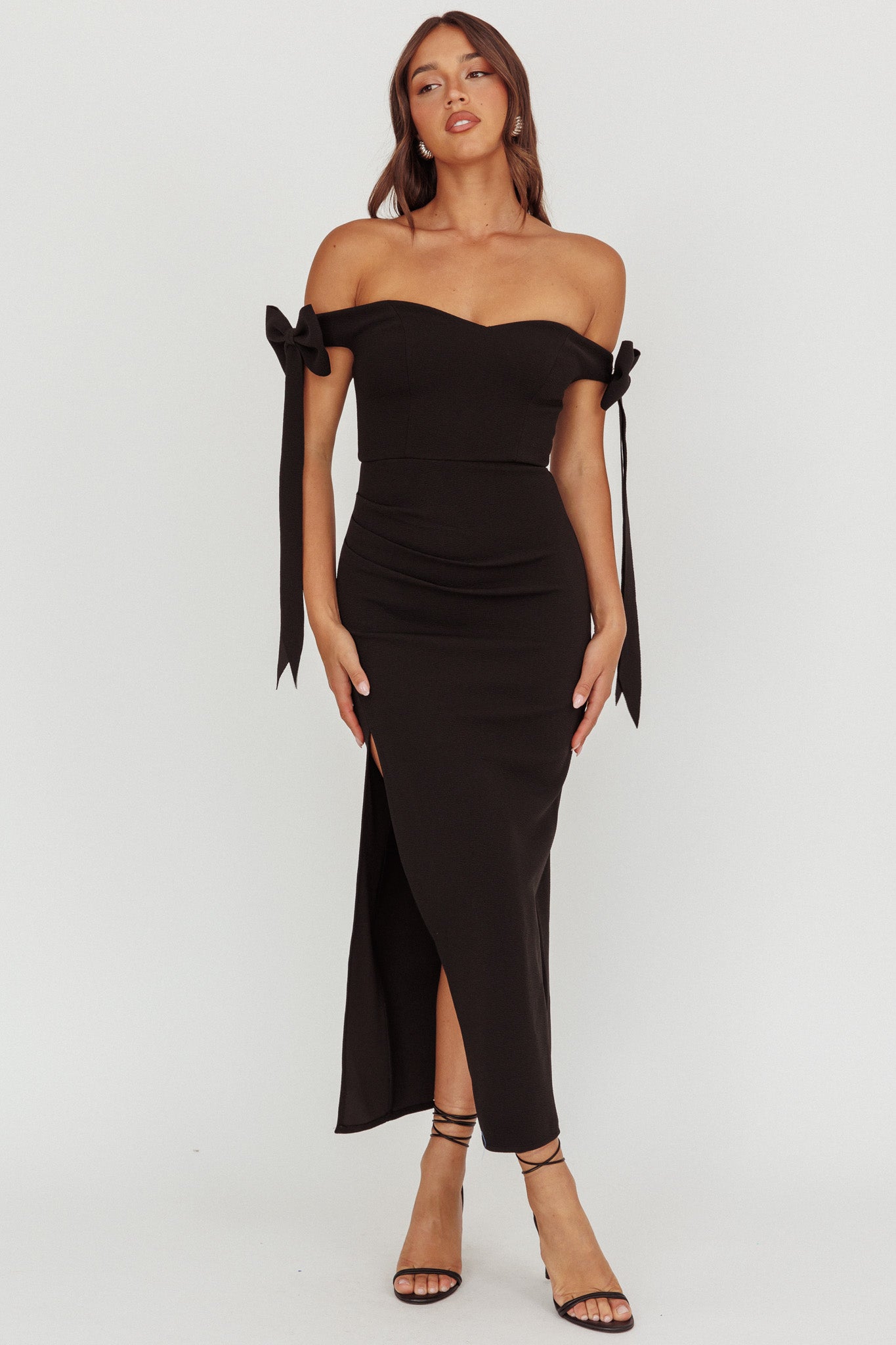 fitted lace wedding dress Have Faith Off-Shoulder Bow Sleeve Maxi Dress Black