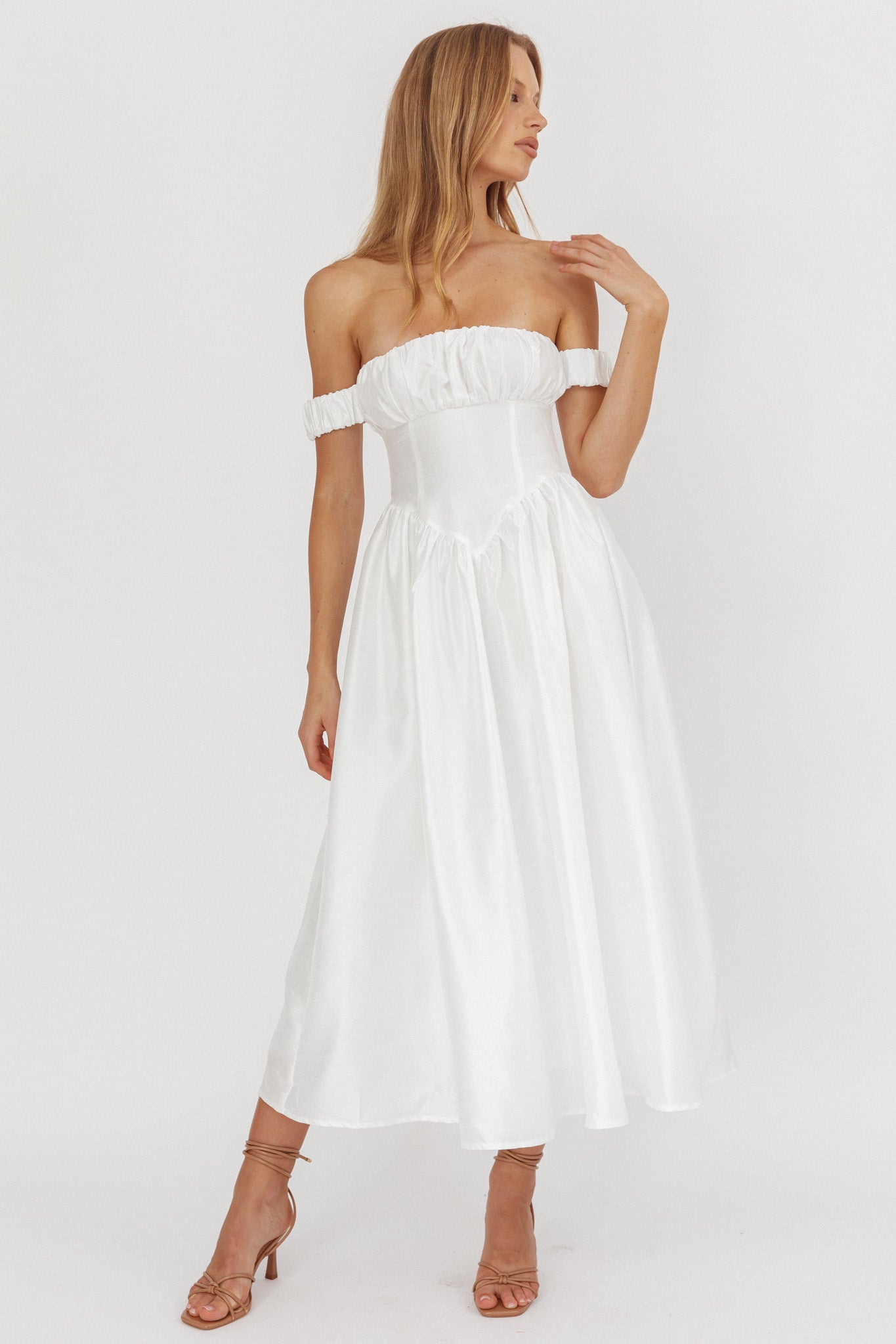 Heavens Above Off-Shoulder Basque Waist Midi Dress Ivory S Heavens Above Off-Shoulder Basque Waist Midi Dress Ivory S