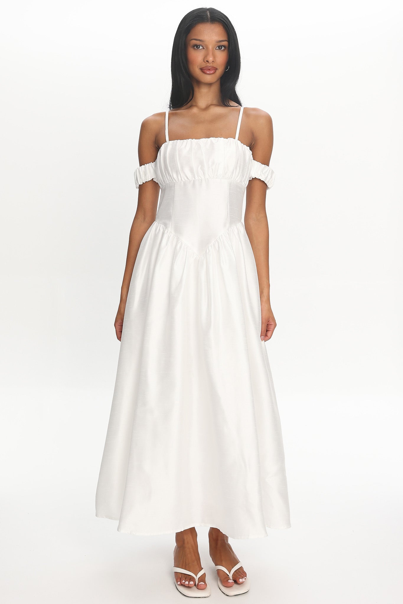 basque waist dress midi Heavens Above Off-Shoulder Basque Waist Midi Dress Ivory