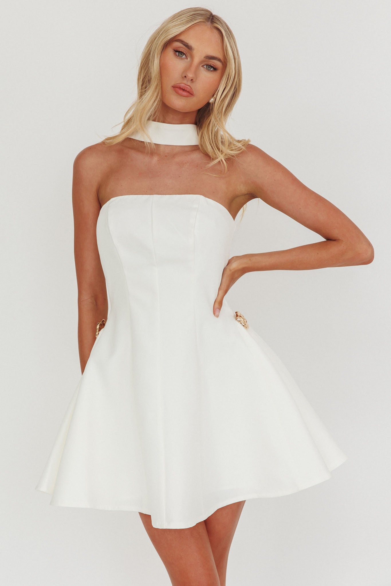 slim fit dress slacks Annora Strapless Gold Button Mini Dress White