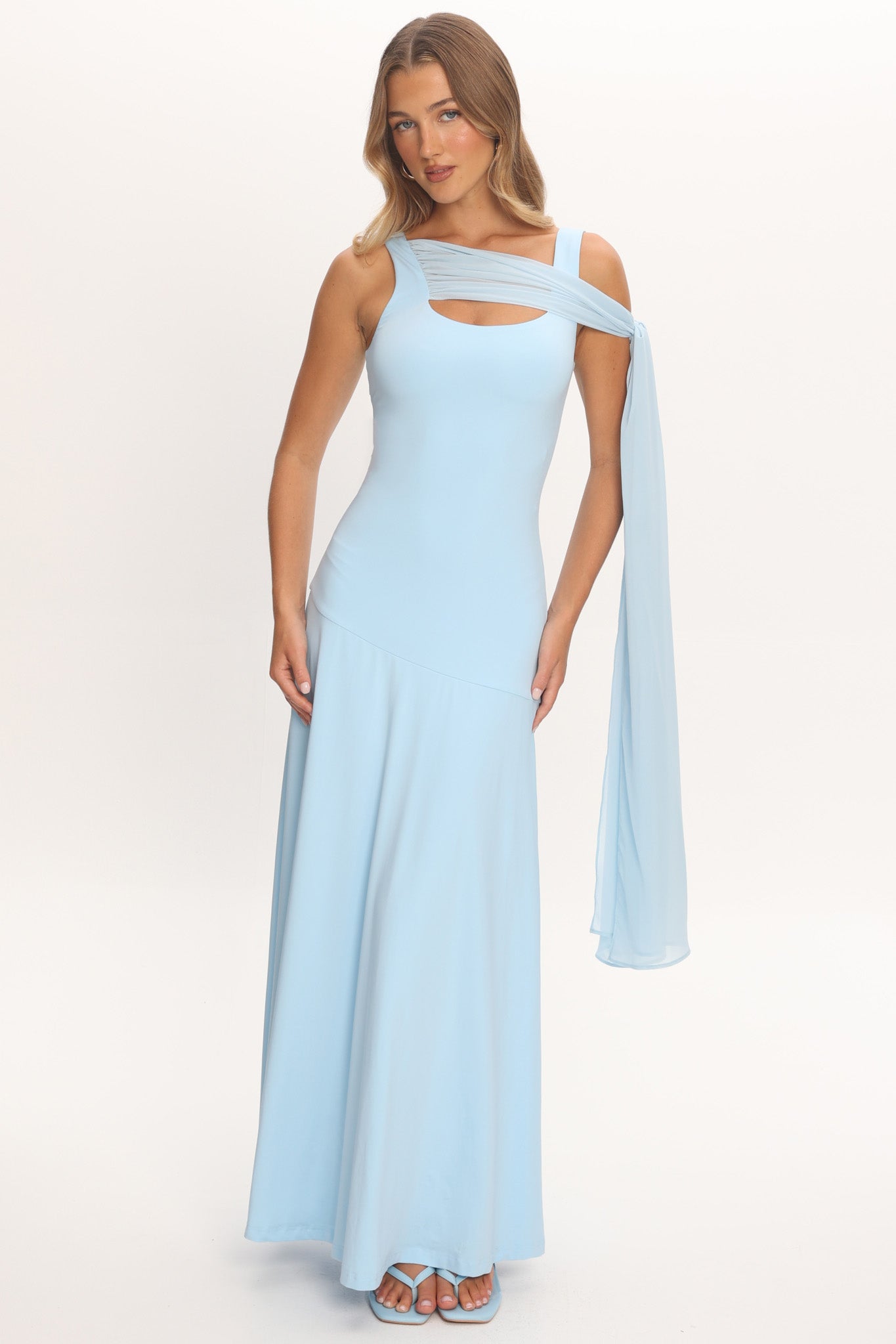 light blue maxi bridesmaid dress Lylah Sash Neckline Maxi Dress Light Blue