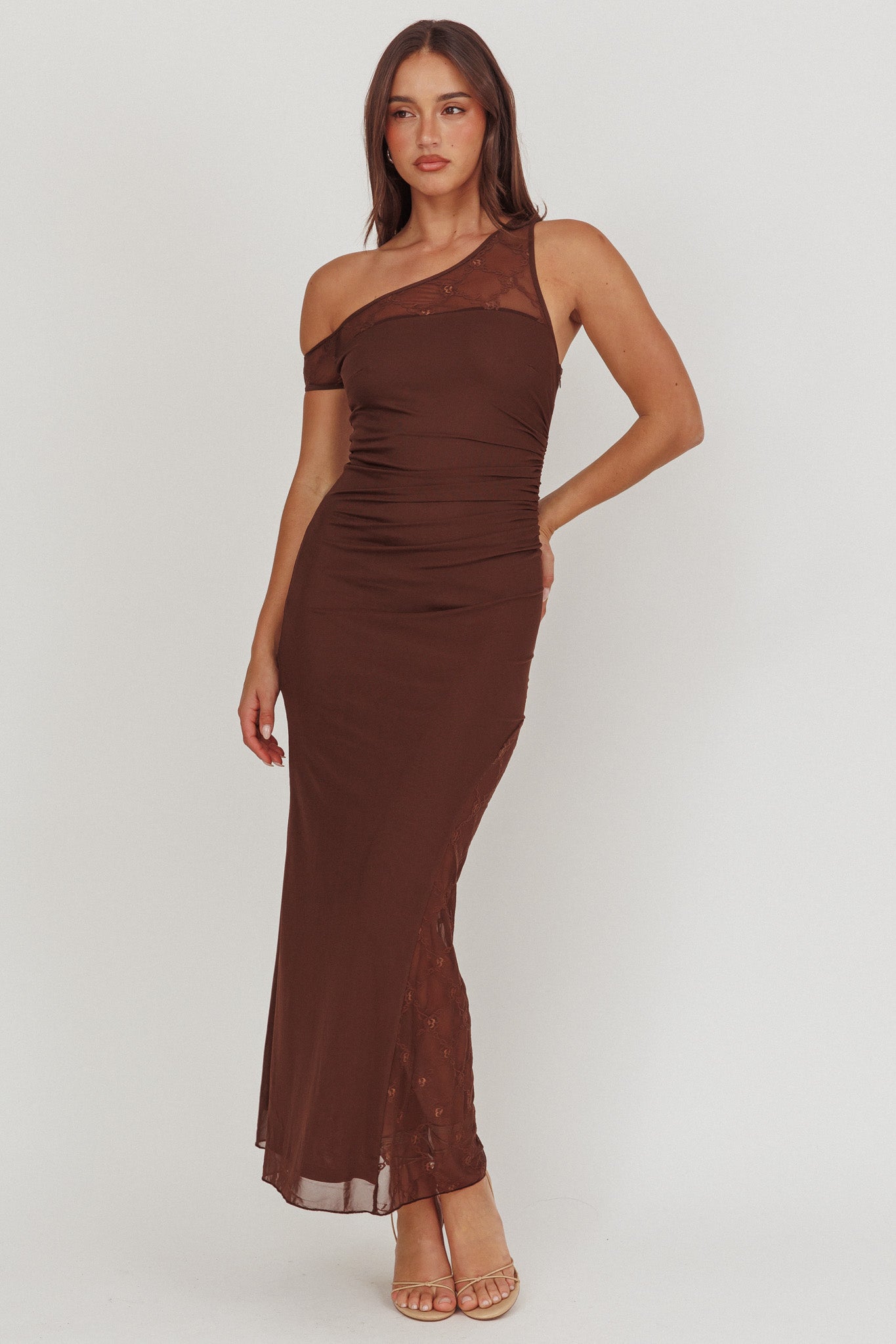 Sher One-Shoulder Lace Panel Maxi Dress Chocolate– Selfie Leslie