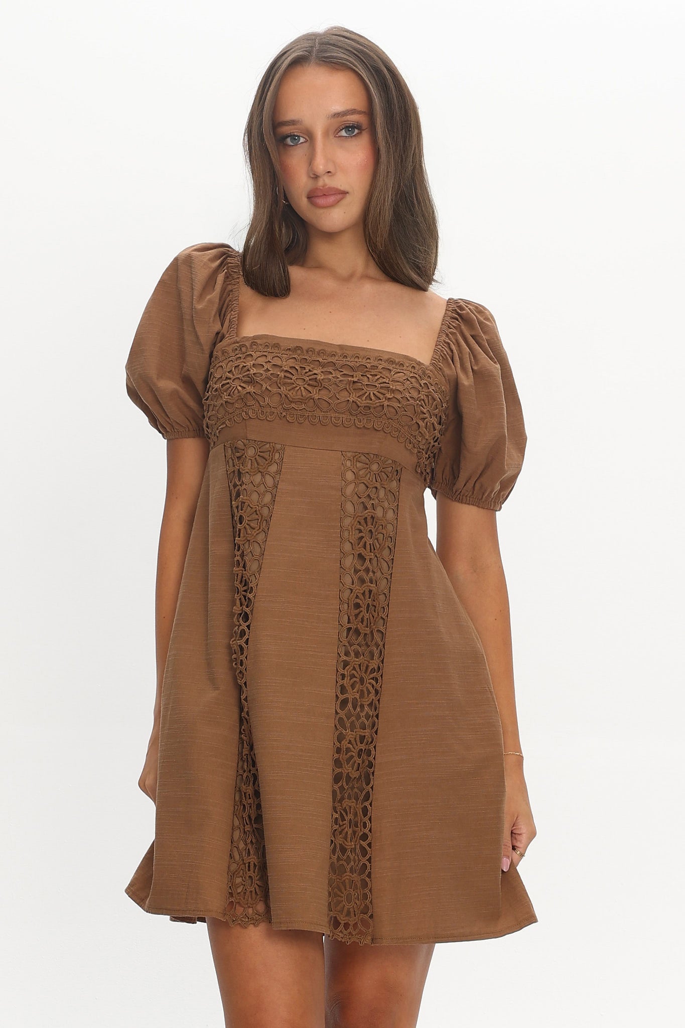 Highlight Reels Puff Sleeve Lace Mini Dress Chocolate - M Highlight Reels Puff Sleeve Lace Mini Dress Chocolate - M