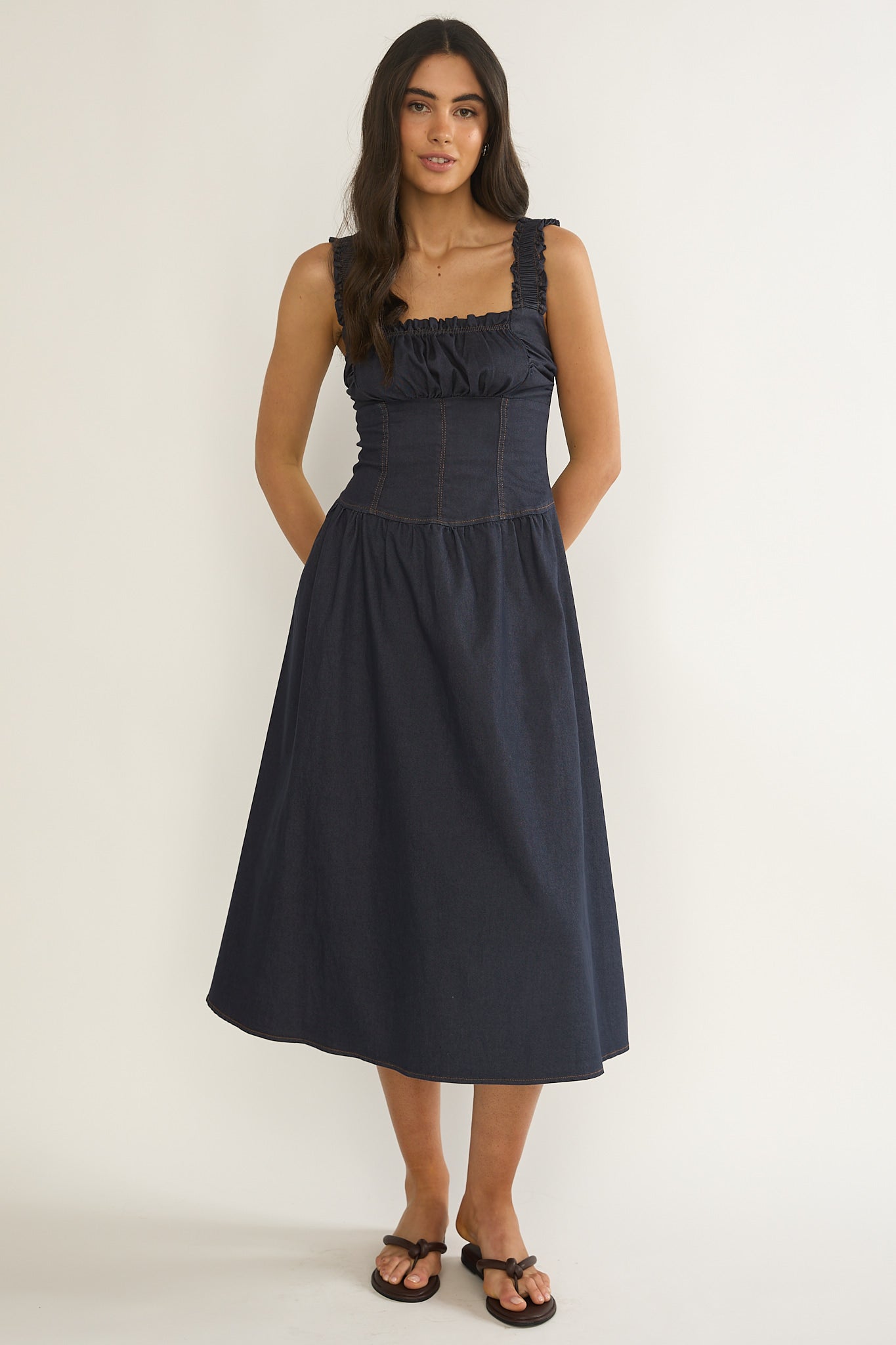 indigo midi dress Women's Made to Command Dark Indigo Cotton Denim Button-Front Midi Dress | Size: L