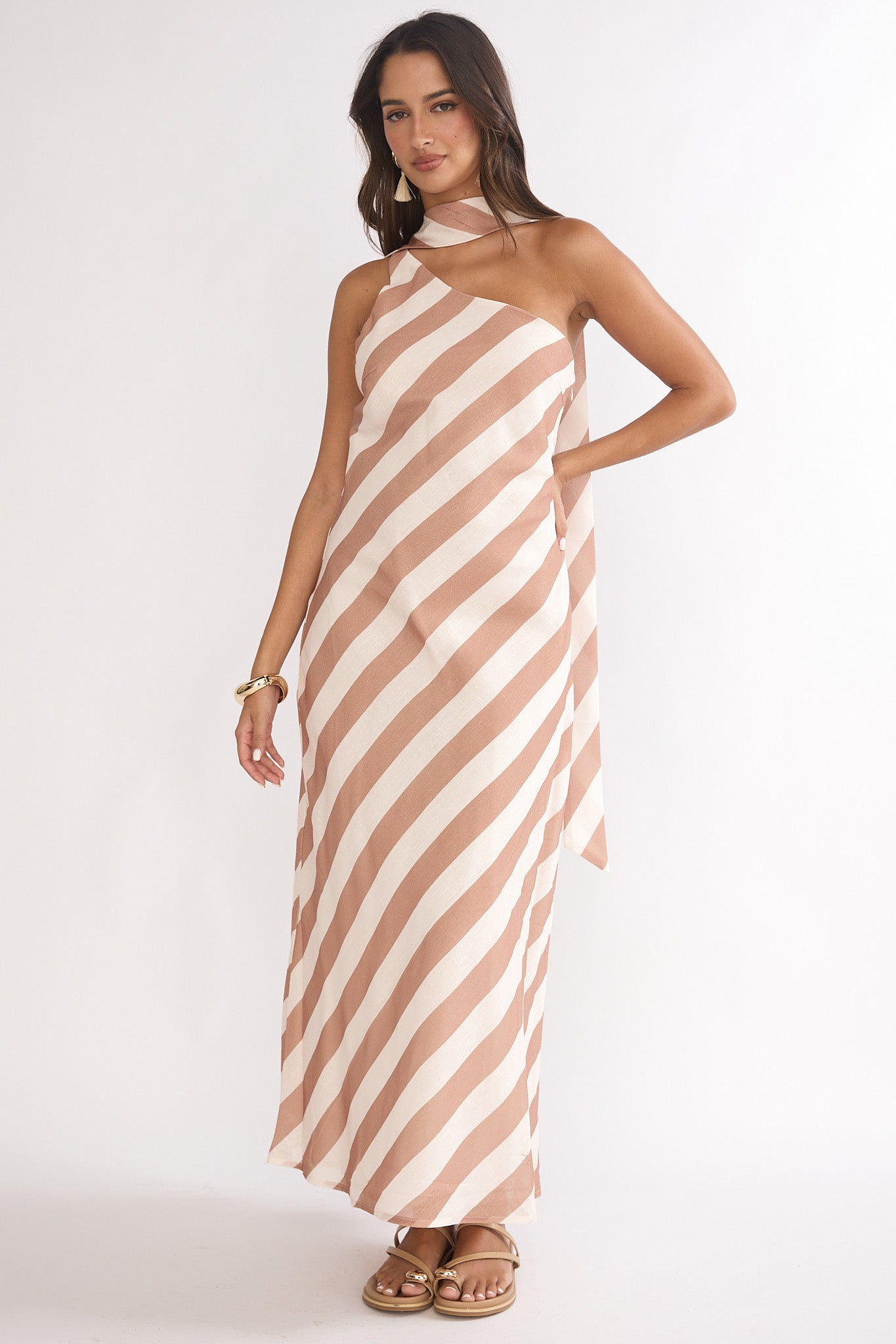 one shoulder scarf dress Mirona One Shoulder Scarf Maxi Dress Stripe Camel