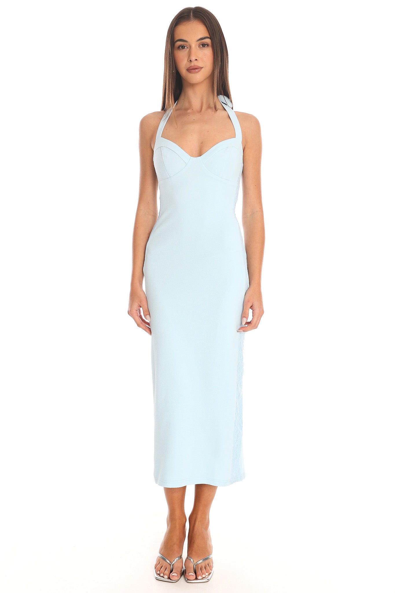 blue halter midi dress Angelite Light Size:US28+ Imported. PROMO::ESSENTIALS V-Neck Tie Midi Dress