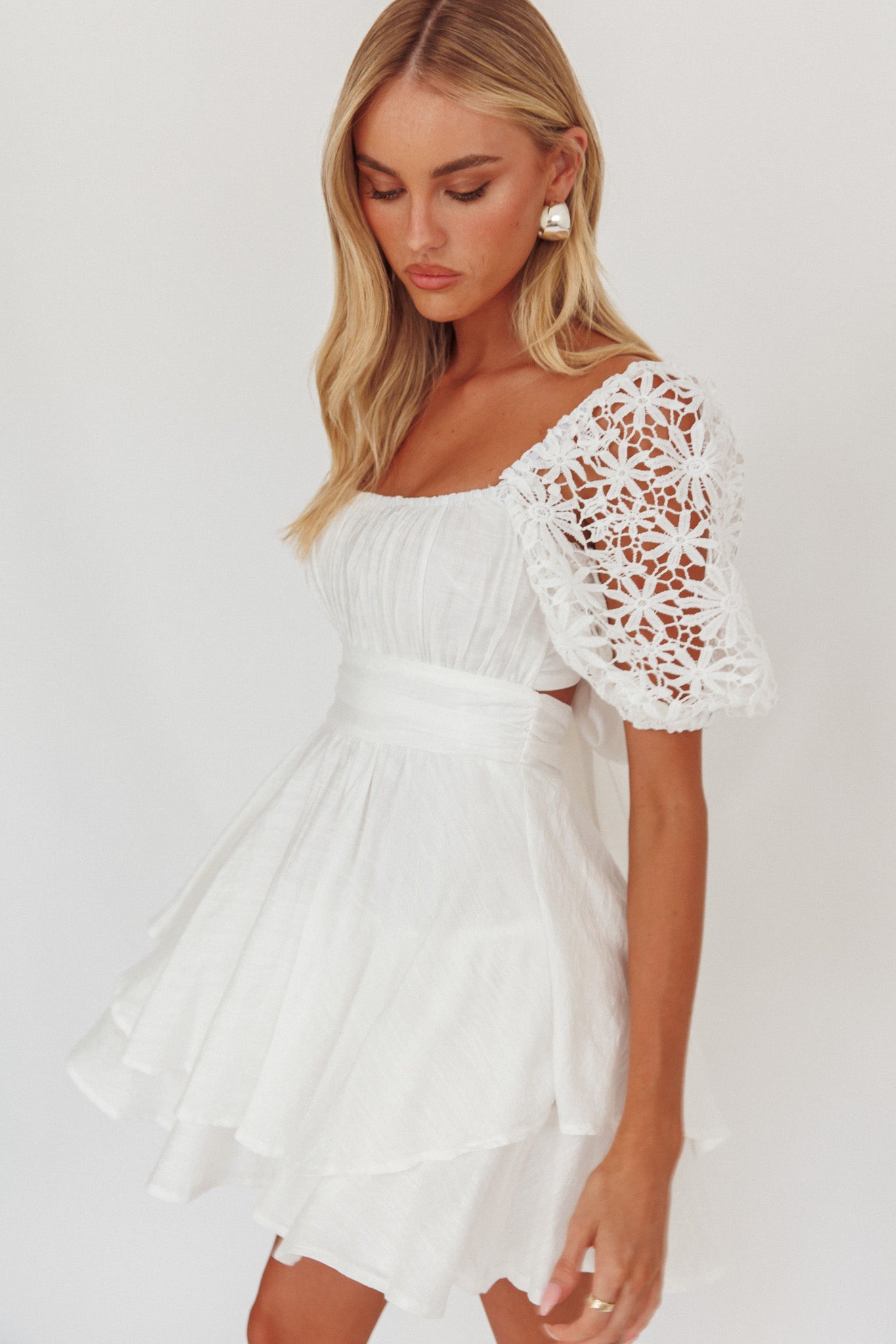 Abby Lace Puff Sleeve Tie-Up Back Dress White - S Abby Lace Puff Sleeve Tie-Up Back Dress White - S