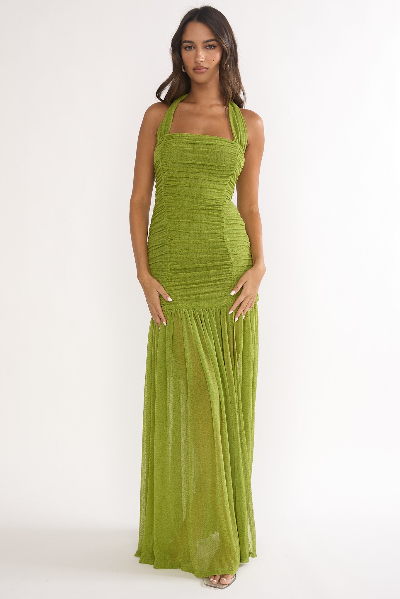 Galinda Ruched Bodice Halterneck Maxi Dress Olive– Selfie Leslie