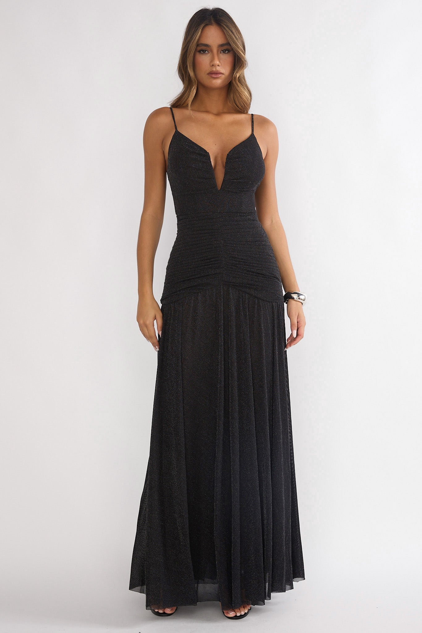 Orizel Pintuck Drop Waist Maxi Dress Sparkle Black Orizel Pintuck Drop Waist Maxi Dress Sparkle Black