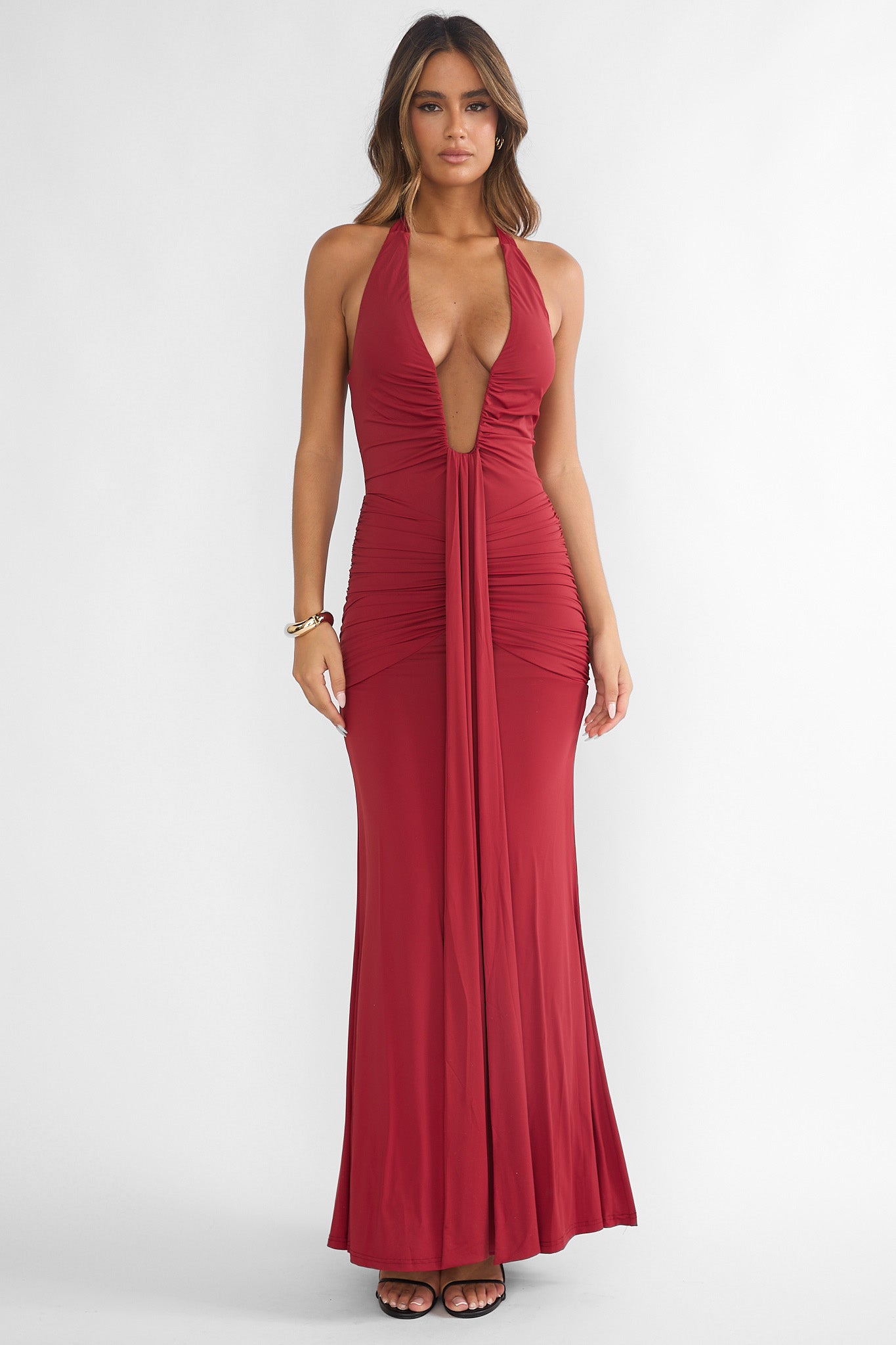 Brienna Halter Ruched Maxi Dress Wine Brienna Halter Ruched Maxi Dress Wine