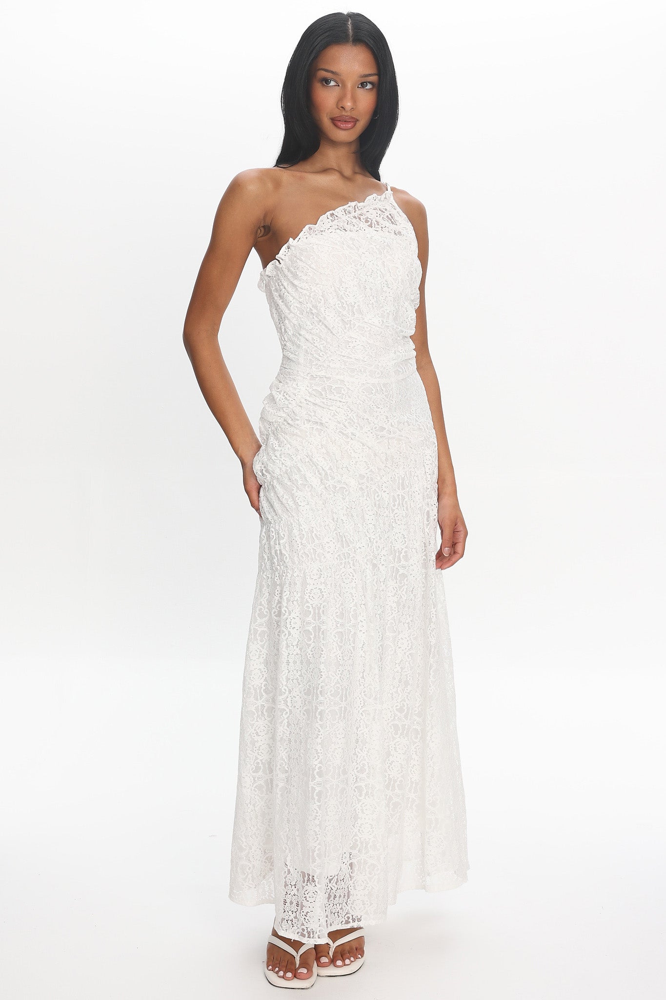 one shoulder lace dress Salona One-Shoulder Gown Off White Other:Dress The fitted satin skirt The Knit Pleated Dress halloween2024