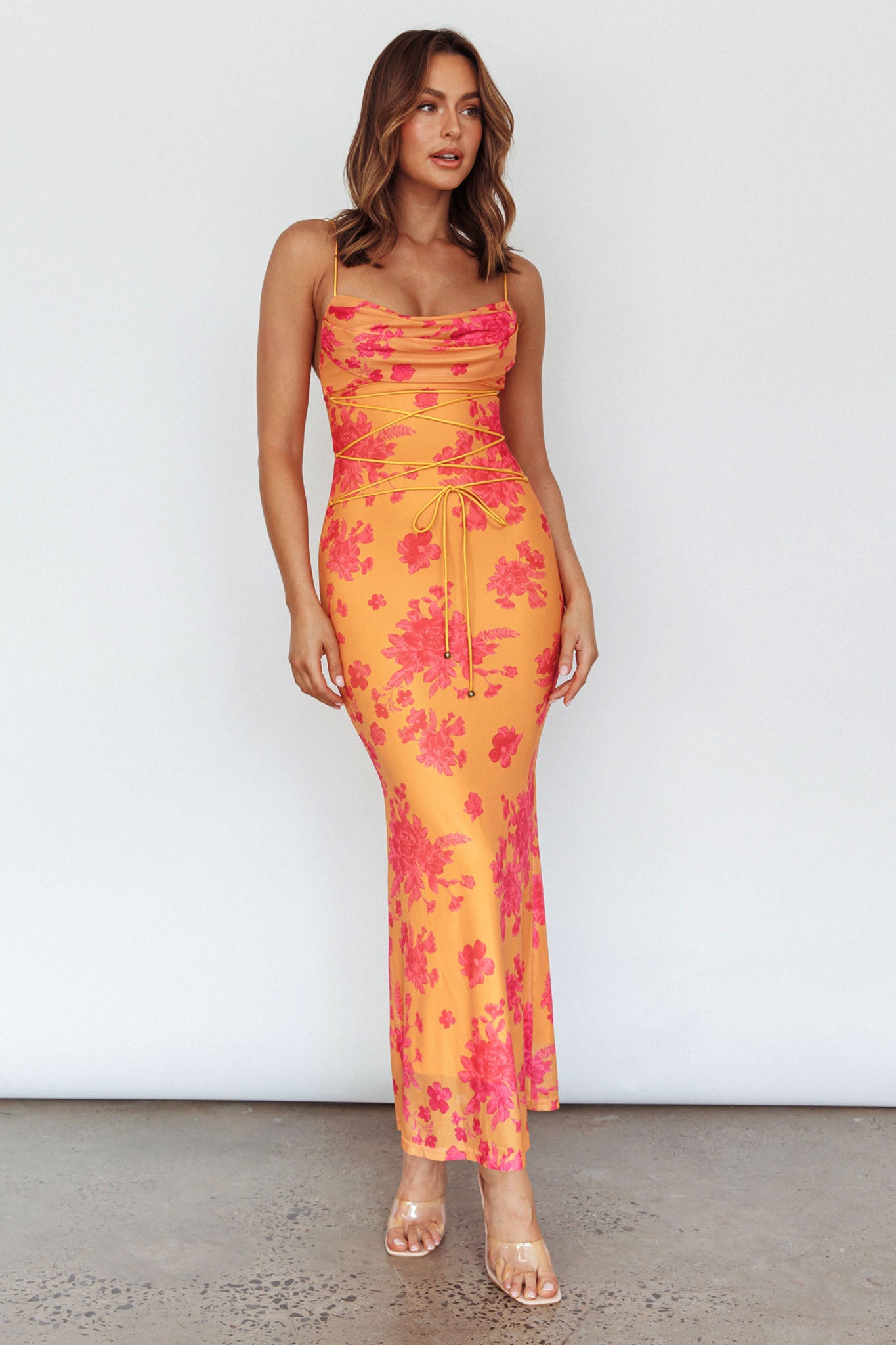 Teava Laced Waist Maxi Dress Floral Orange Teava Laced Waist Maxi Dress Floral Orange