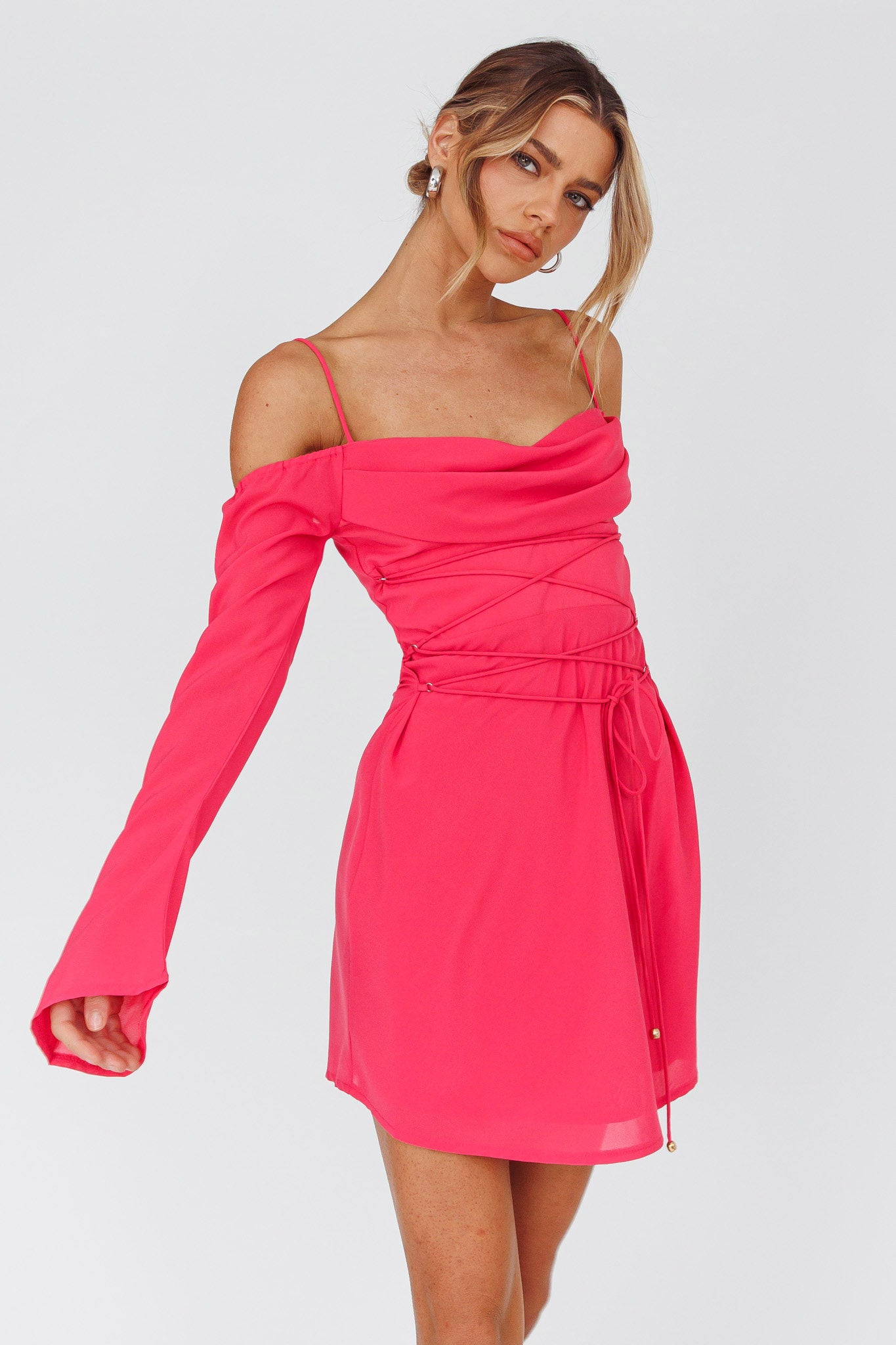 mini women's light pink off the shoulder sexy dress Teava Off-Shoulder Sleeve Laced Mini Dress Hot Pink