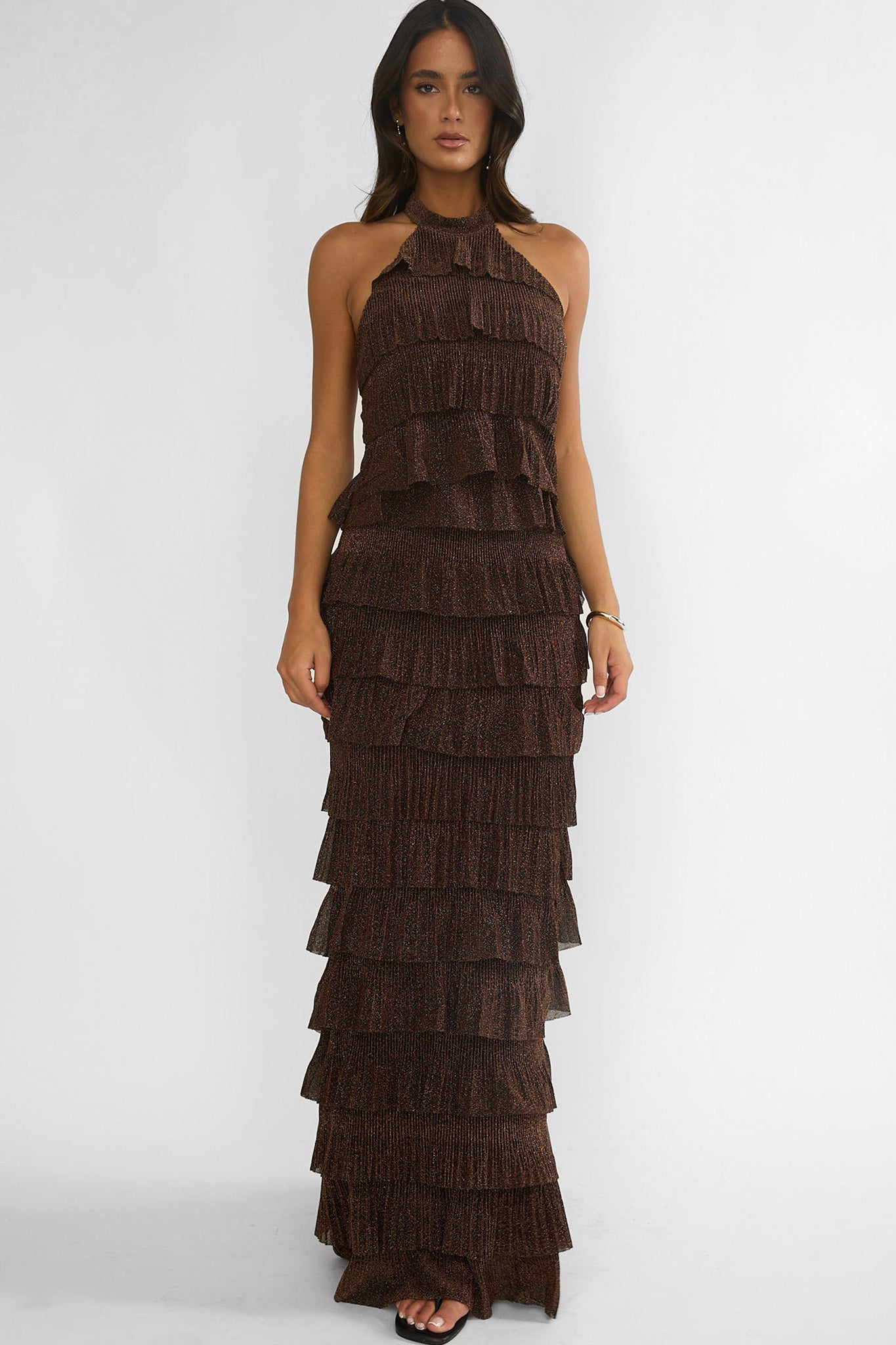 Kaelia Tiered Halter Maxi Dress Sparkle Brown - L Kaelia Tiered Halter Maxi Dress Sparkle Brown - L