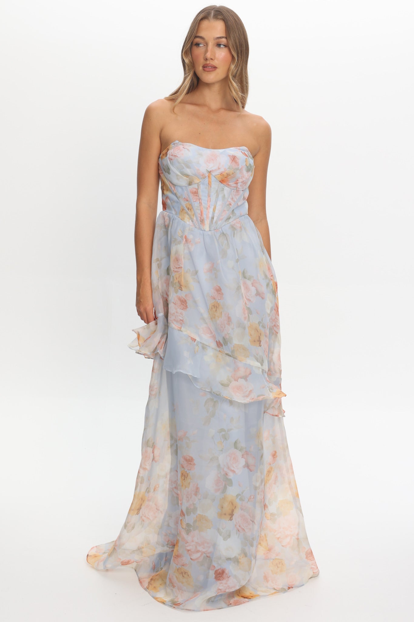 Petrice Asymmetric Layer Maxi Dress Floral Light Blue - M Petrice Asymmetric Layer Maxi Dress Floral Light Blue - M