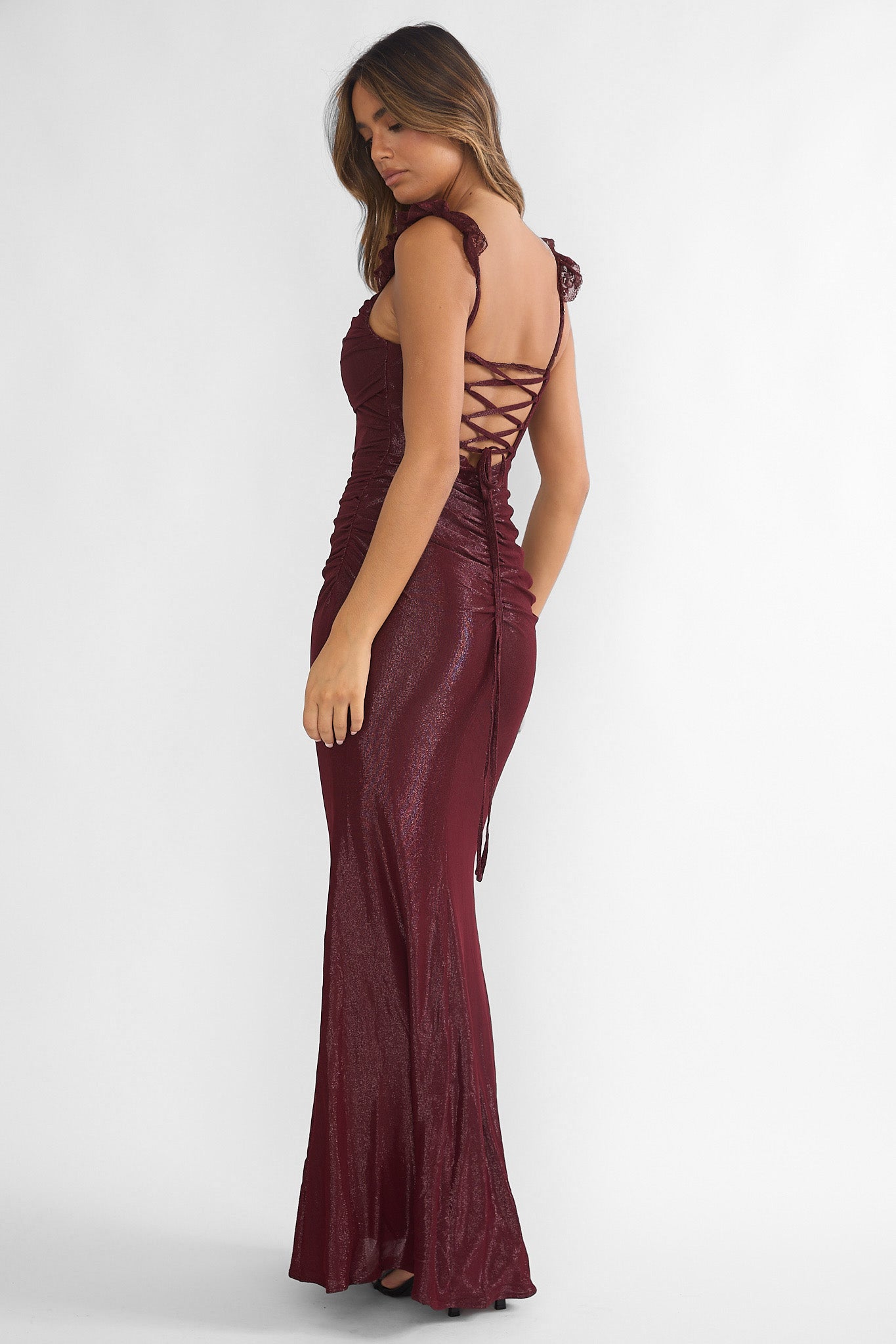 Valara Lace-Up Back Maxi Dress Wine | Selfie Leslie Valara Lace-Up Back Maxi Dress Wine | Selfie Leslie