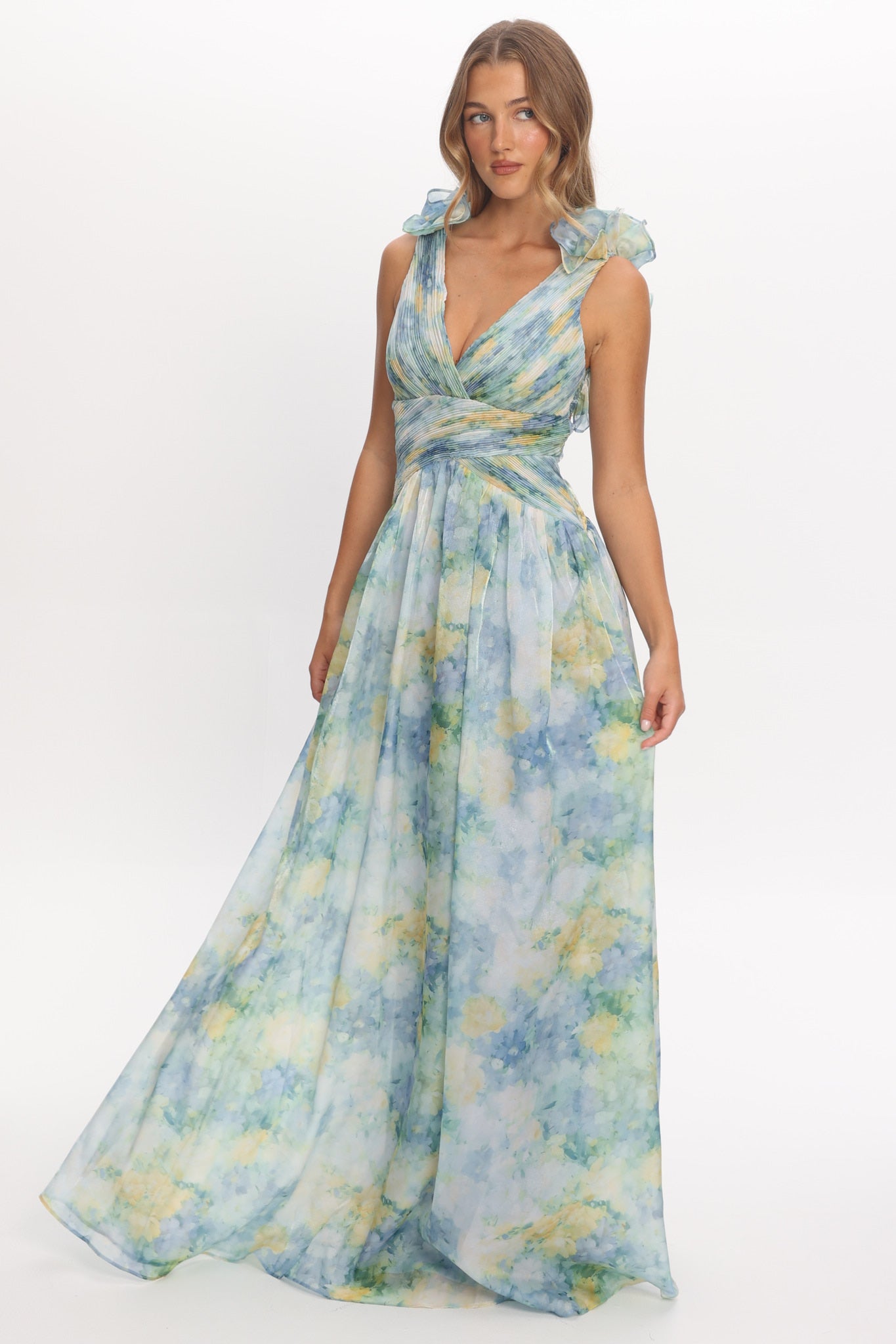 pleated dress printing lace up High Quality Printed Round Neck Lace Up Belt Maxi Pleated Long Dress Bright yellow / One Size