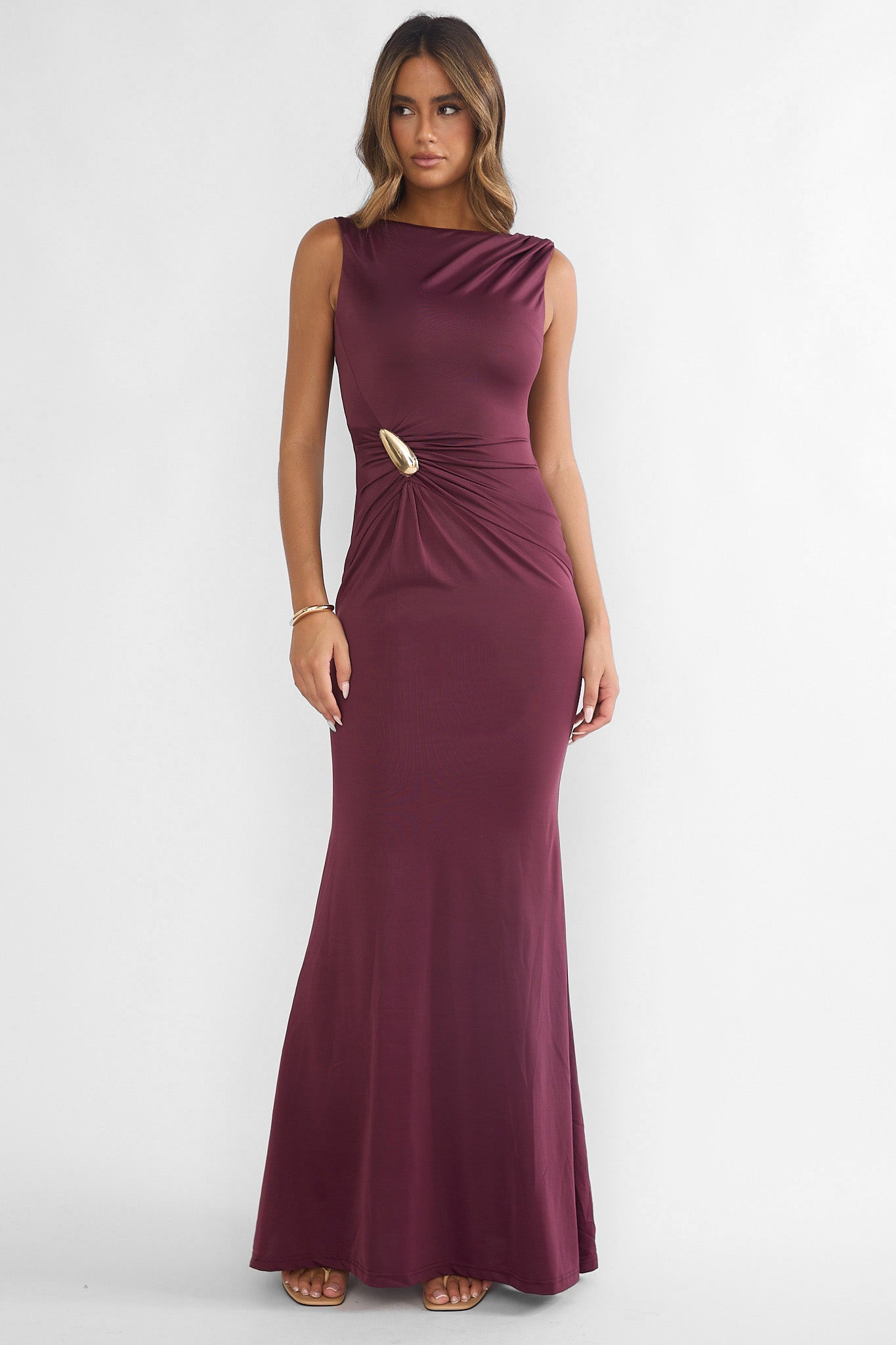 slim fit dress slacks Isalyn Gathered Waist Maxi Dress Burgundy