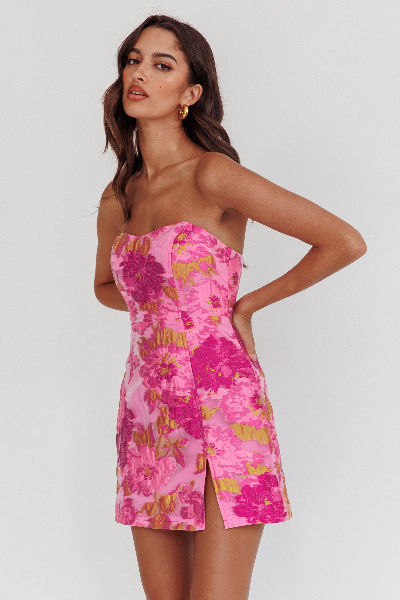 Marlina Strapless Jacquard Mini Dress Pink S Marlina Strapless Jacquard Mini Dress Pink S