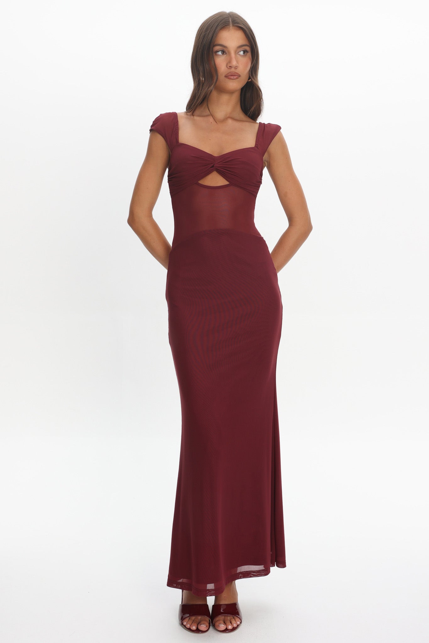wine mesh dress Wine Mesh Lace Up Back Ruched Slit Midi Dress Small