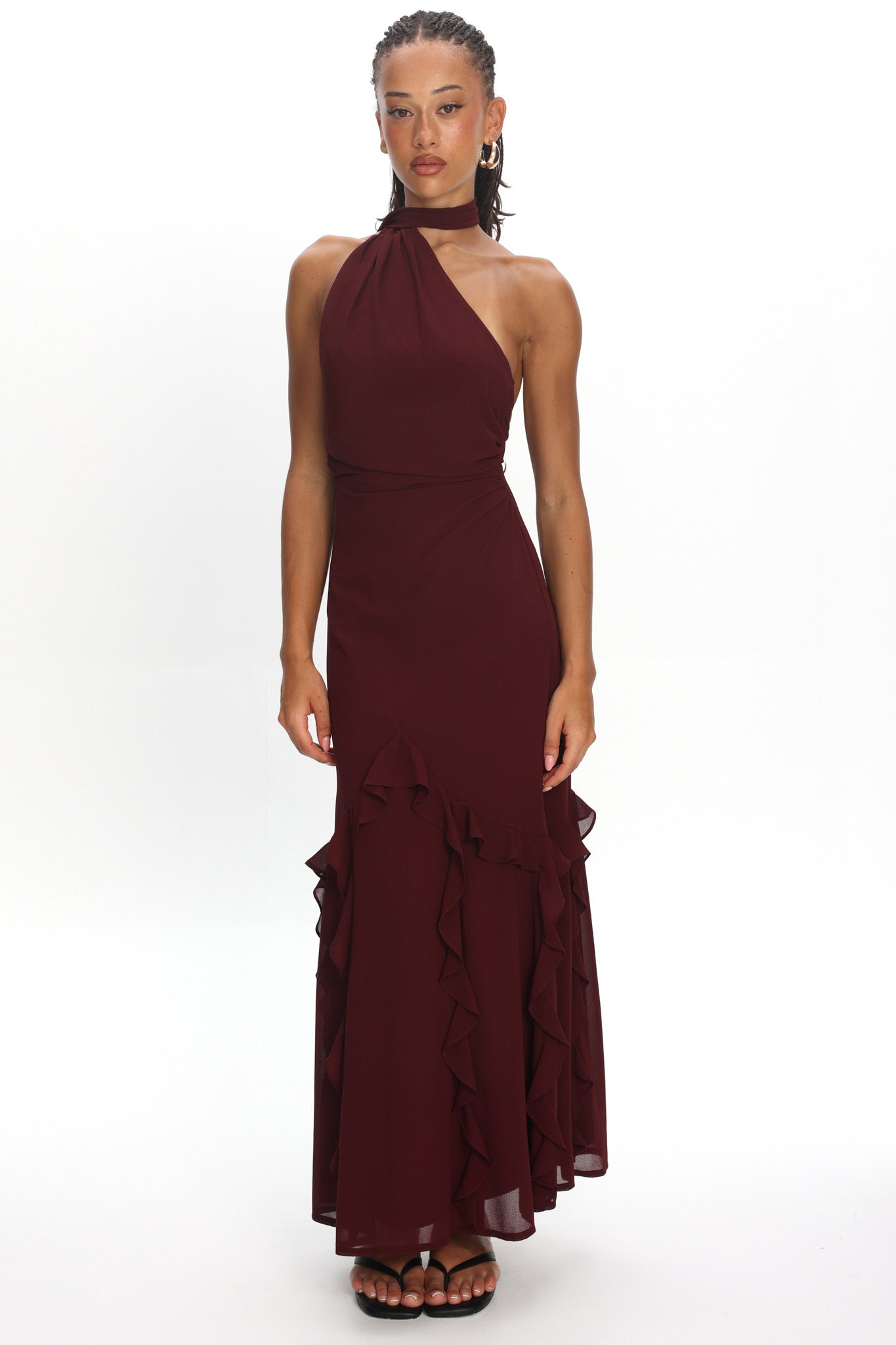 Lorielle One-Shoulder Ruffle Trim Maxi Dress Wine | Selfie Leslie