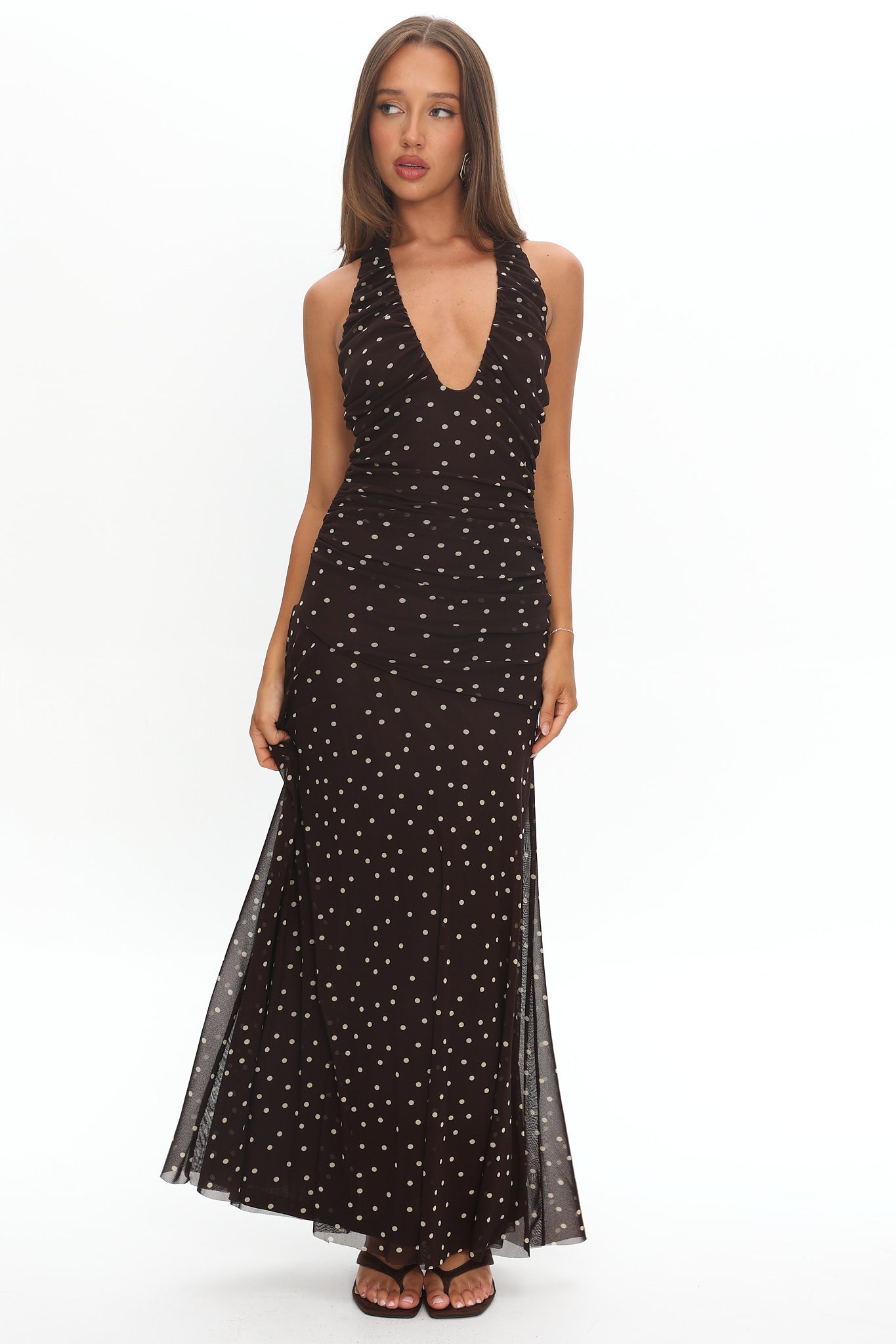 She's The Moment Plunging Halter Maxi Dress Polka Dot Brown - XL She's The Moment Plunging Halter Maxi Dress Polka Dot Brown - XL