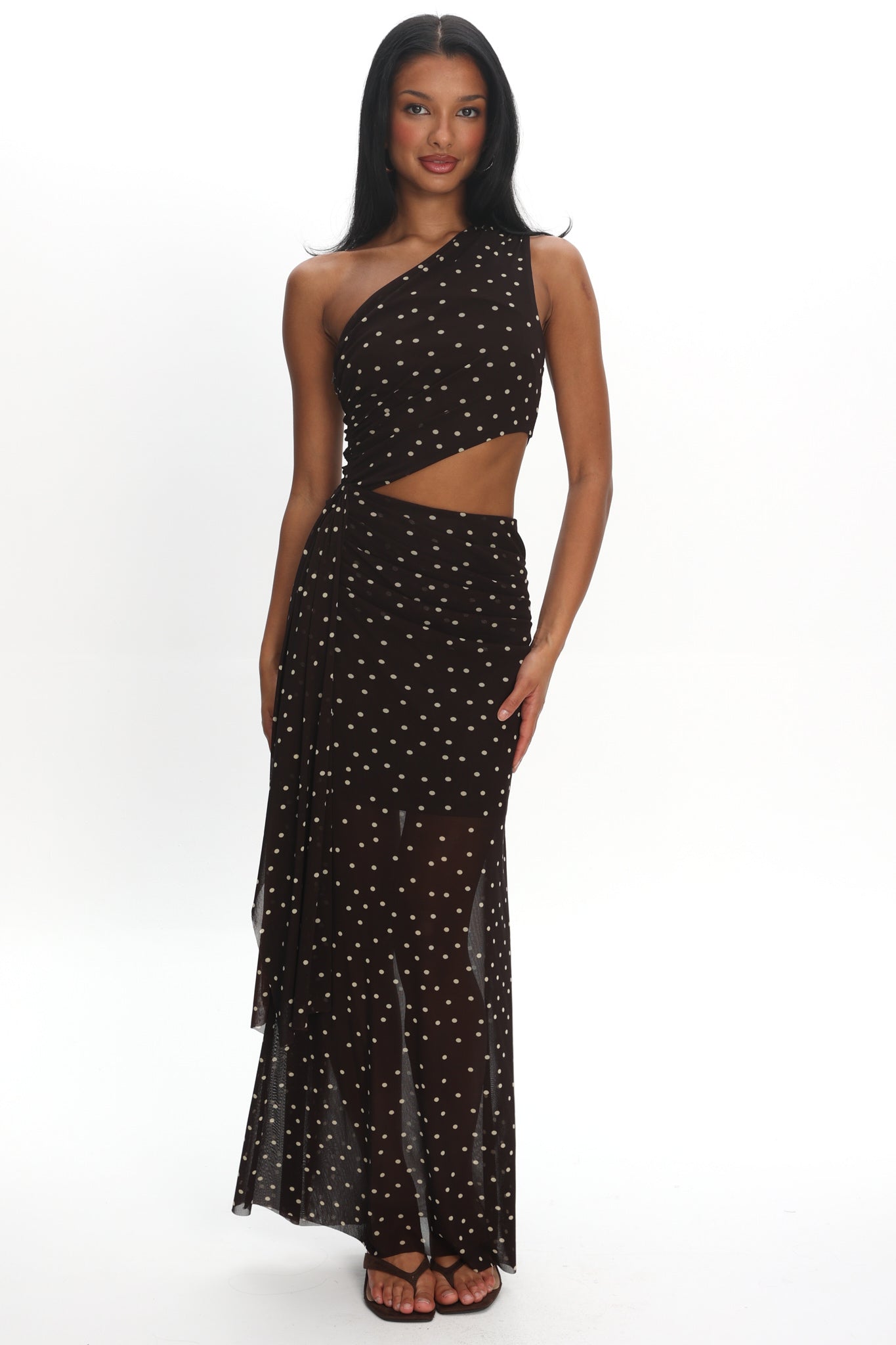 Viela One-Shoulder Cut-Out Maxi Dress Polka Dot Brown Viela One-Shoulder Cut-Out Maxi Dress Polka Dot Brown
