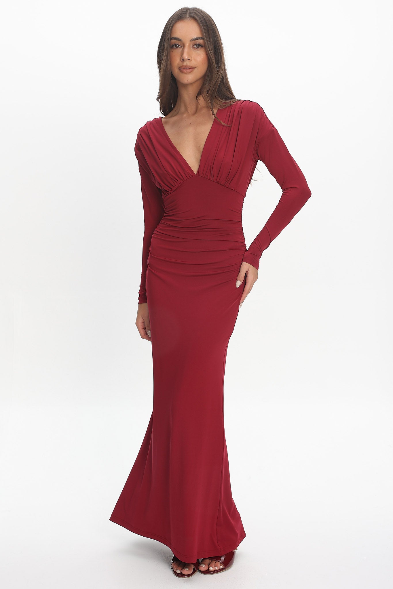 Gilded Long Sleeve Ruched Maxi Dress Wine Gilded Long Sleeve Ruched Maxi Dress Wine