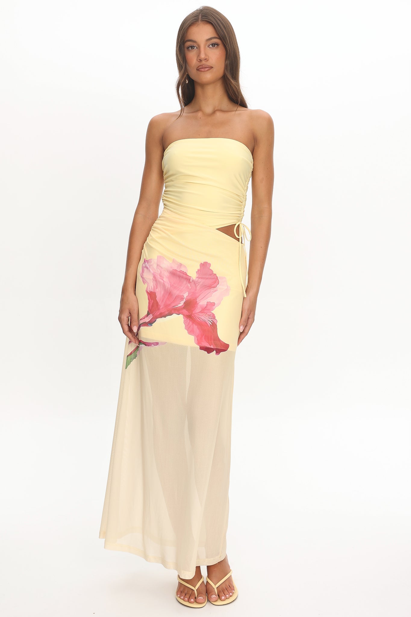 strapless sheer maxi dress Strapless Sequin Floral Embroidered Sheer Maxi Dress Pink / 4