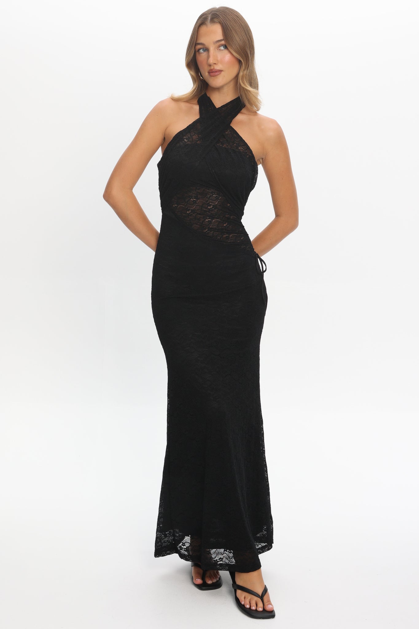 black cross front dress Karmella Cross-Front Lace Halter Maxi attribute:occasion:holiday-party This is your go Baby Girls' First Birthday Size:8yrs