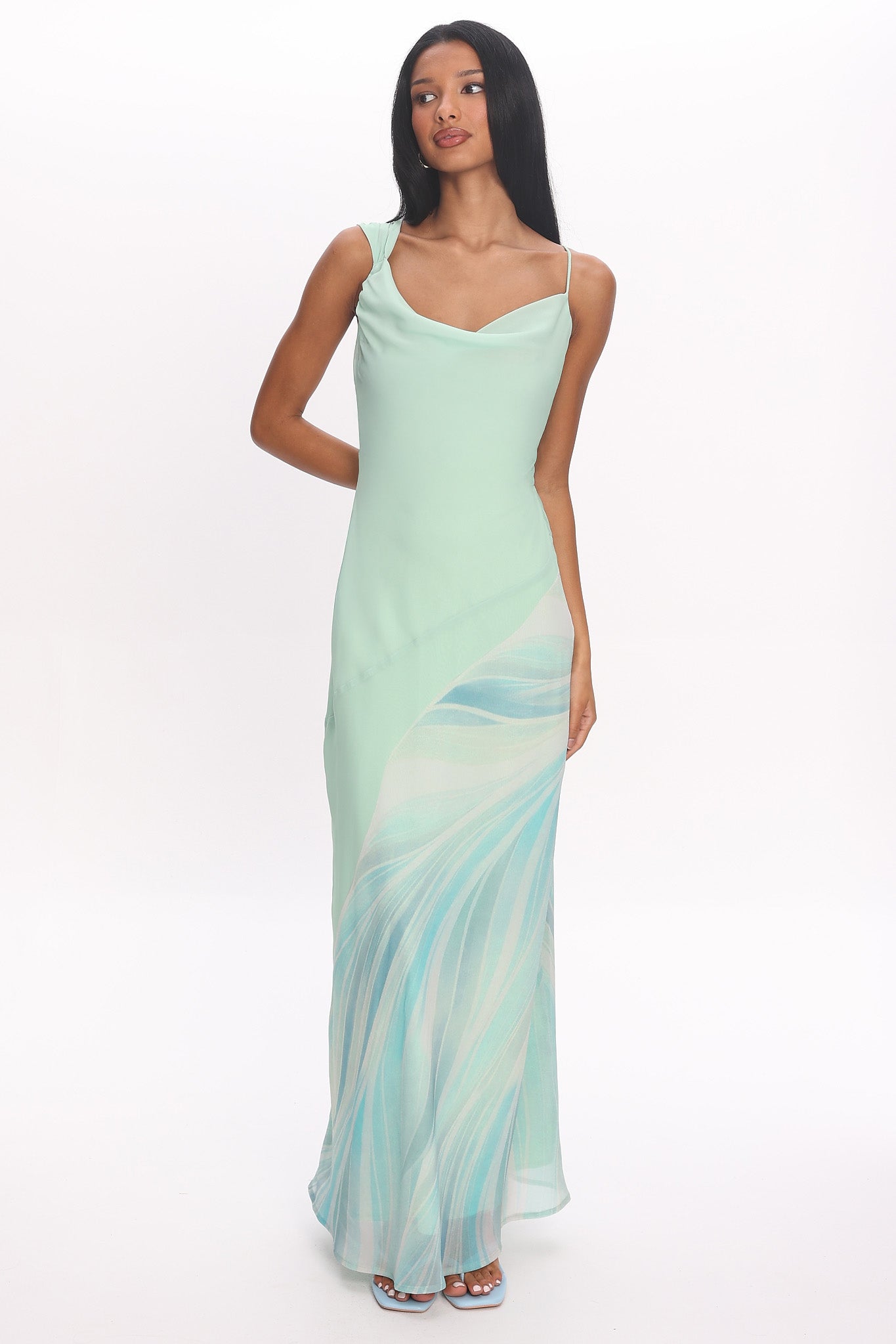 mint green asymmetrical dress Kenza | MINT Asymmetric-Neck Maxi Dress With Scarf-Detail