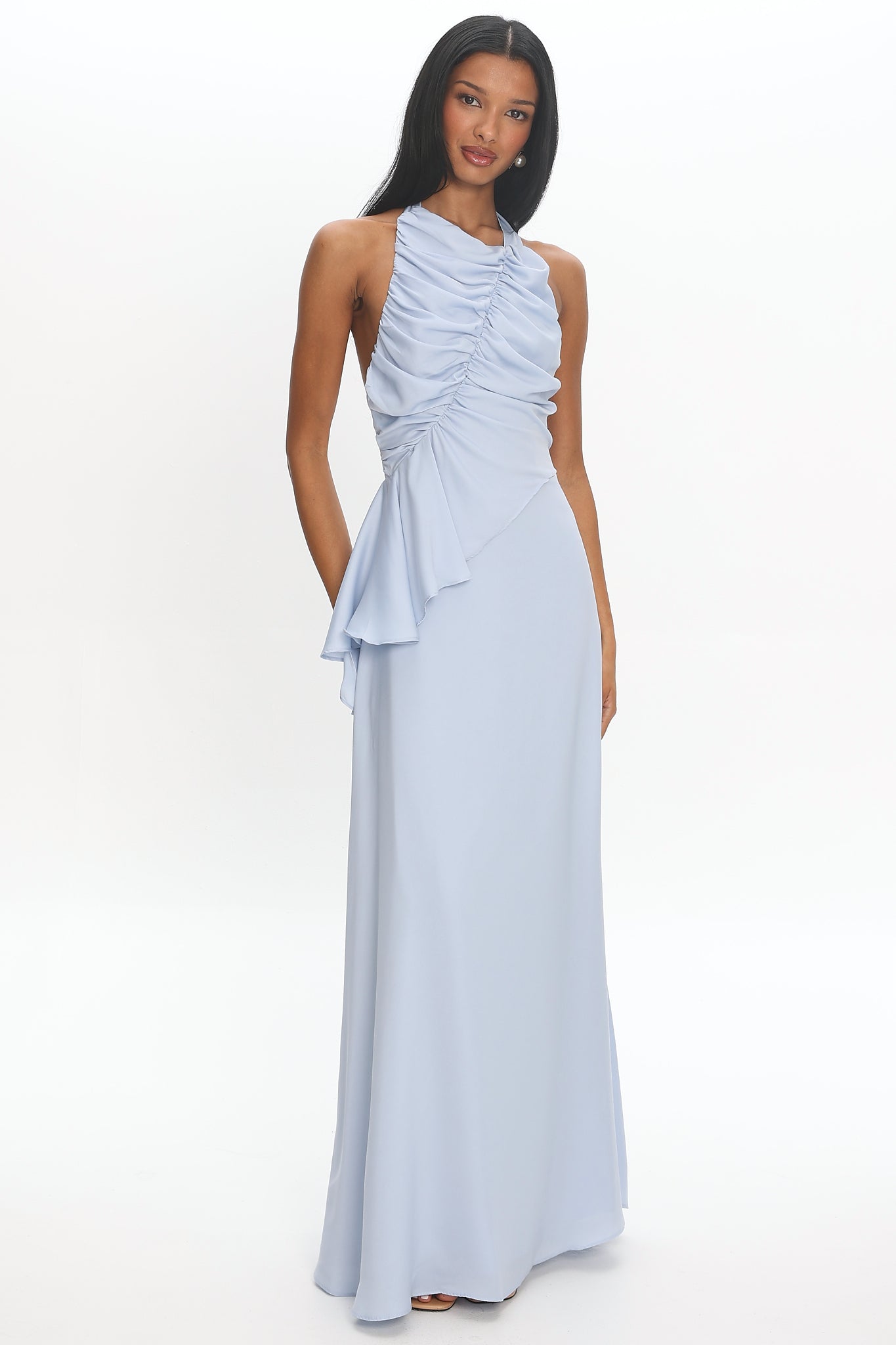 halter sleeveless ruched design dress Genelyn Maxi Blue Boiled Wool Ivy city sicily - ankle length A Select Shoe Size:45.5