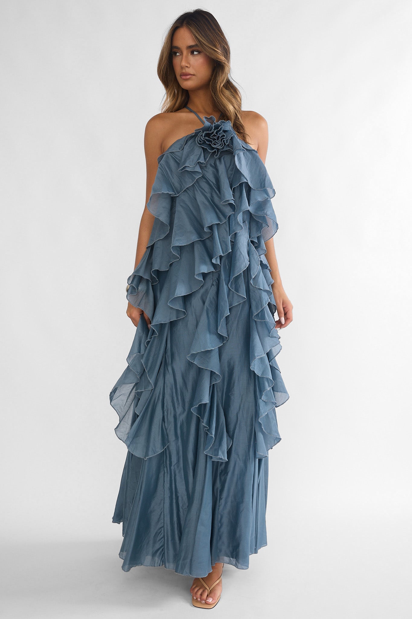 Oceara Ruffle Trim Spaghetti Strap Maxi Dress Slate Blue Oceara Ruffle Trim Spaghetti Strap Maxi Dress Slate Blue