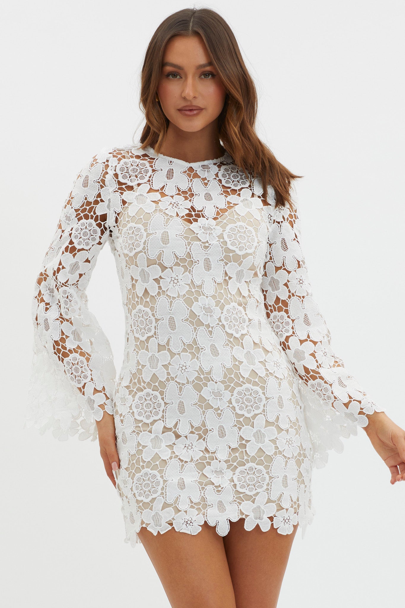 Reinhart Flared Sleeve Crochet Lace Dress White Selfie Leslie Reinhart Flared Sleeve Crochet Lace Dress White Selfie Leslie