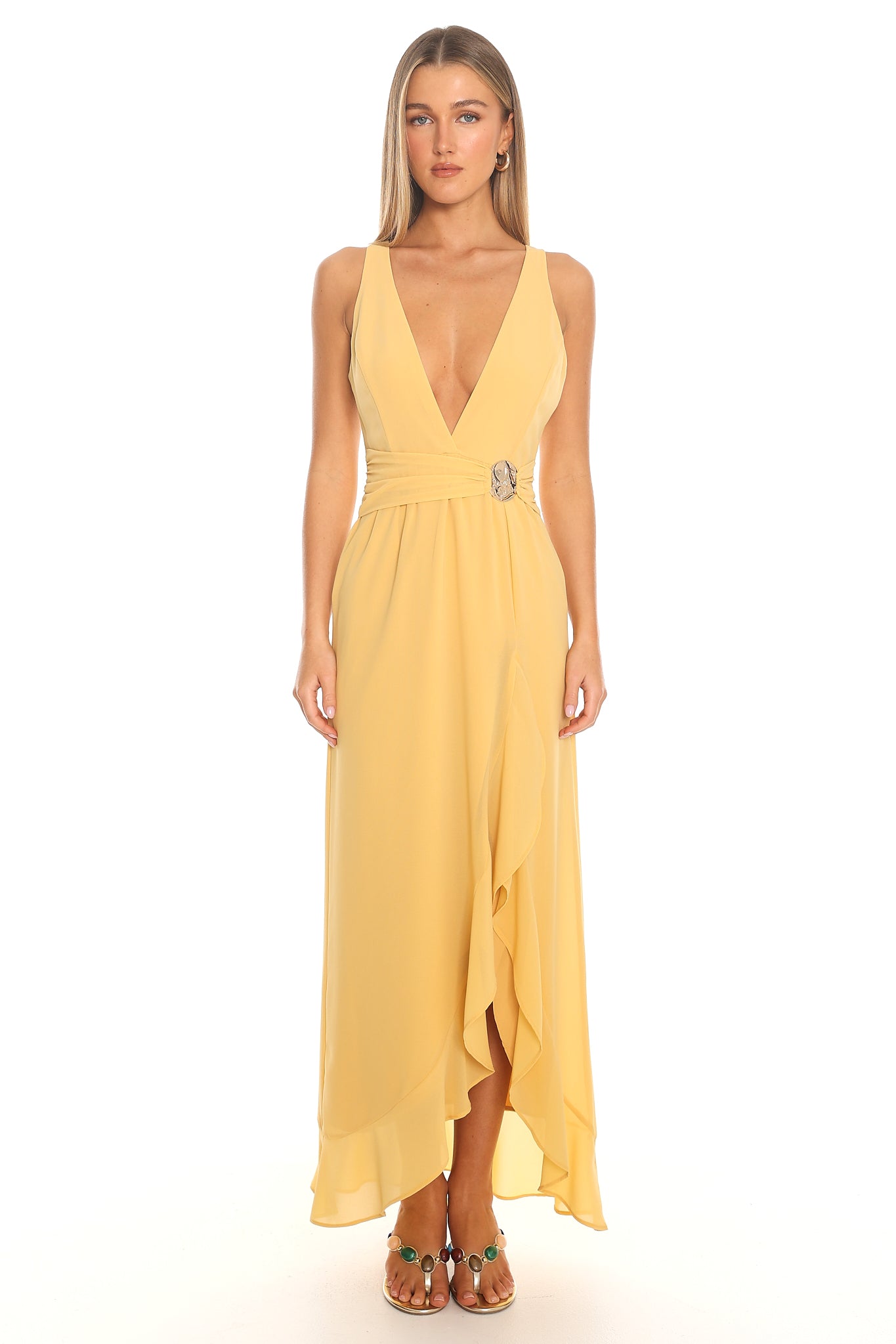 golden yellow wrap dress Escallite Waist Maxi DressStyle:Day to Night