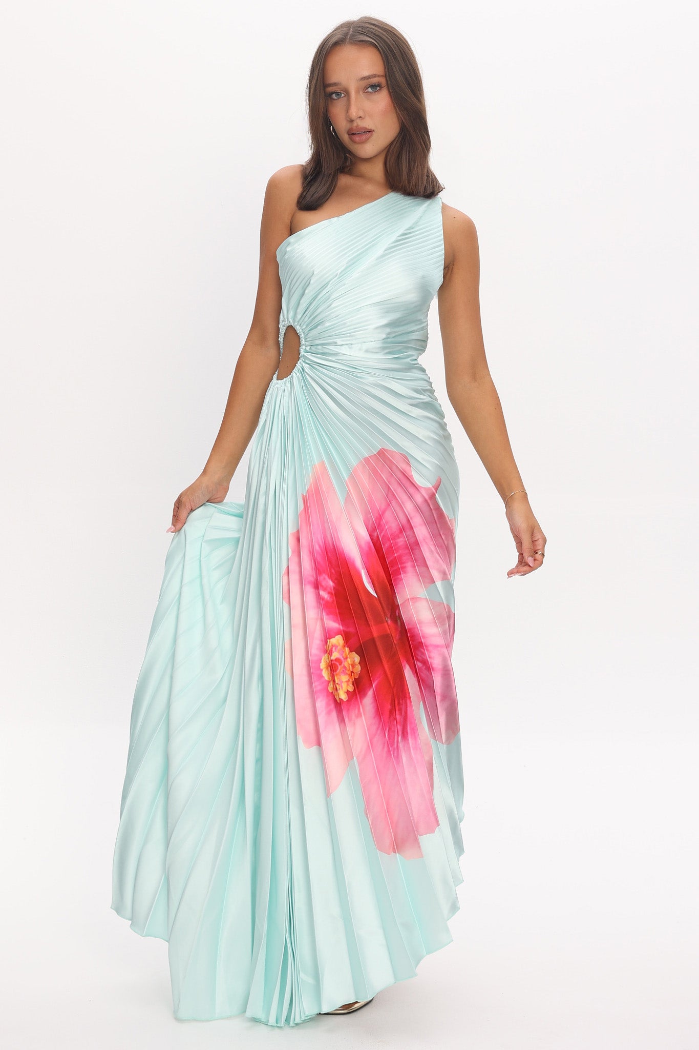 Amelie One-Shoulder Accordion Pleat Maxi Dress Hibiscus Mint - M Amelie One-Shoulder Accordion Pleat Maxi Dress Hibiscus Mint - M