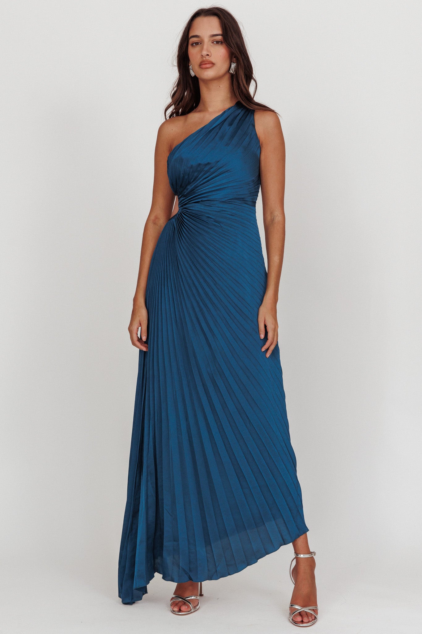 Amelie One-Shoulder Accordion Pleat Maxi Dress Teal L Amelie One-Shoulder Accordion Pleat Maxi Dress Teal L