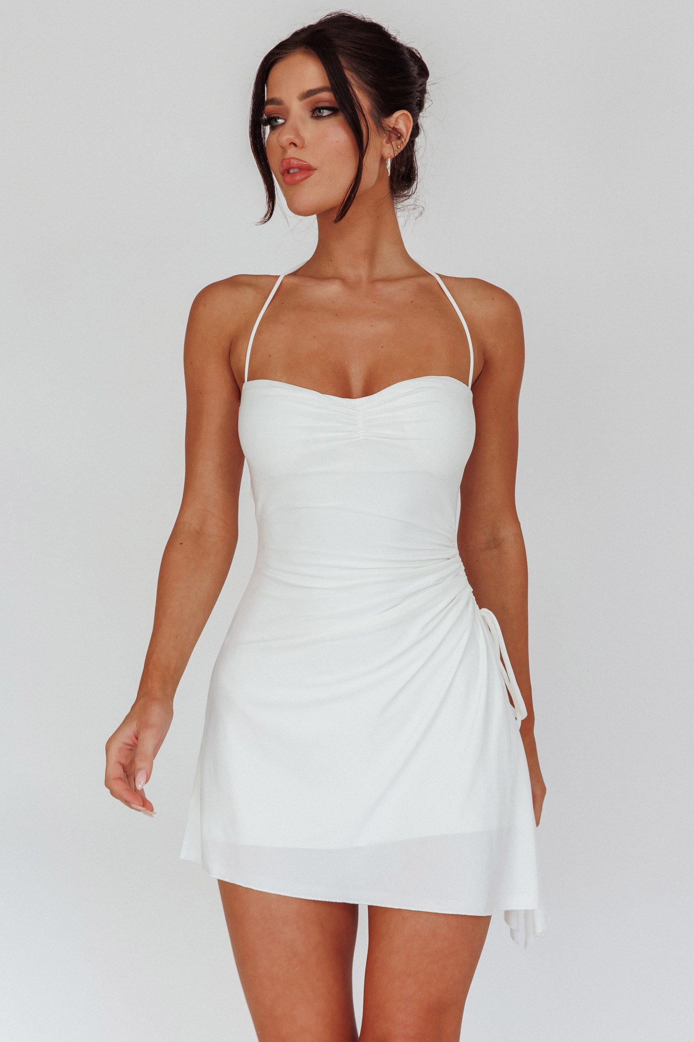 navy blue dress for baby girl Ruched A-Line Micro Mini Dress in White main image 1