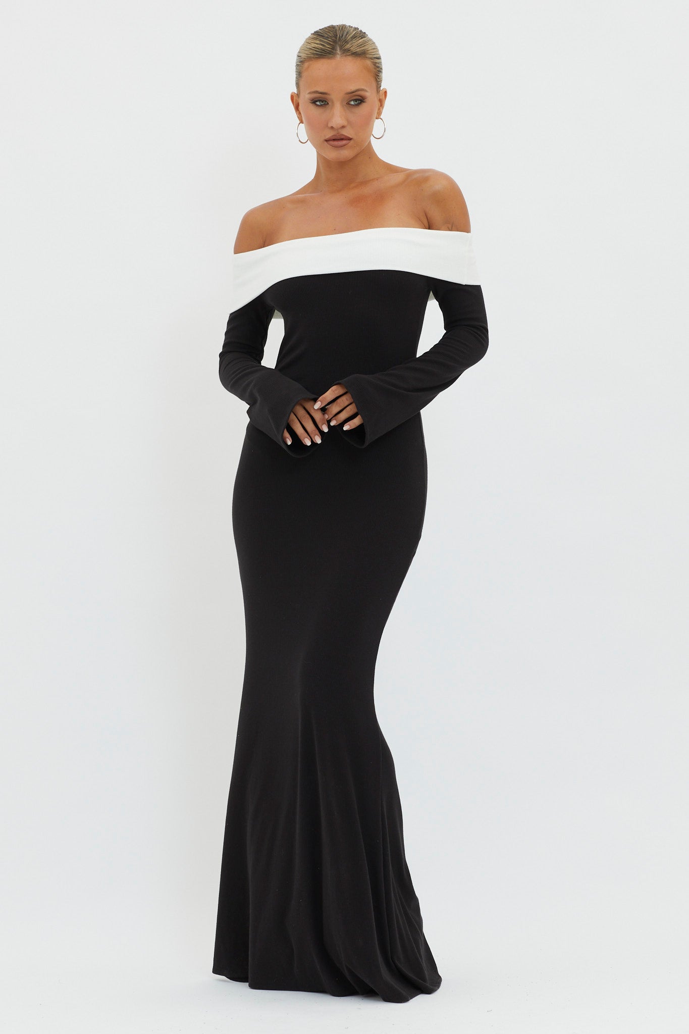 Sabrina Long Sleeve Off-Shoulder Maxi Dress Black Selfie Leslie Sabrina Long Sleeve Off-Shoulder Maxi Dress Black Selfie Leslie