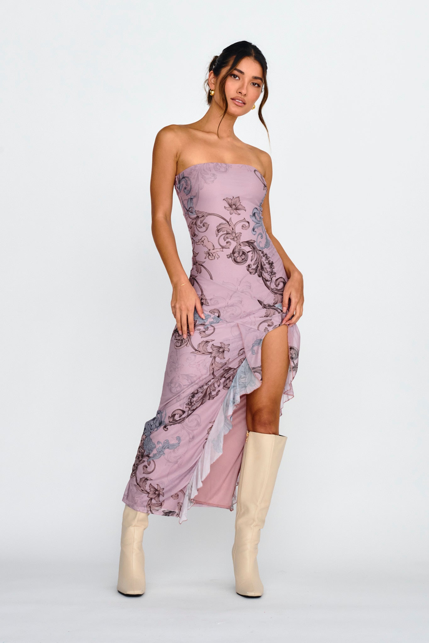 Shelby Strapless Ruffle Split Midi Dress Mauve Selfie Leslie Shelby Strapless Ruffle Split Midi Dress Mauve Selfie Leslie