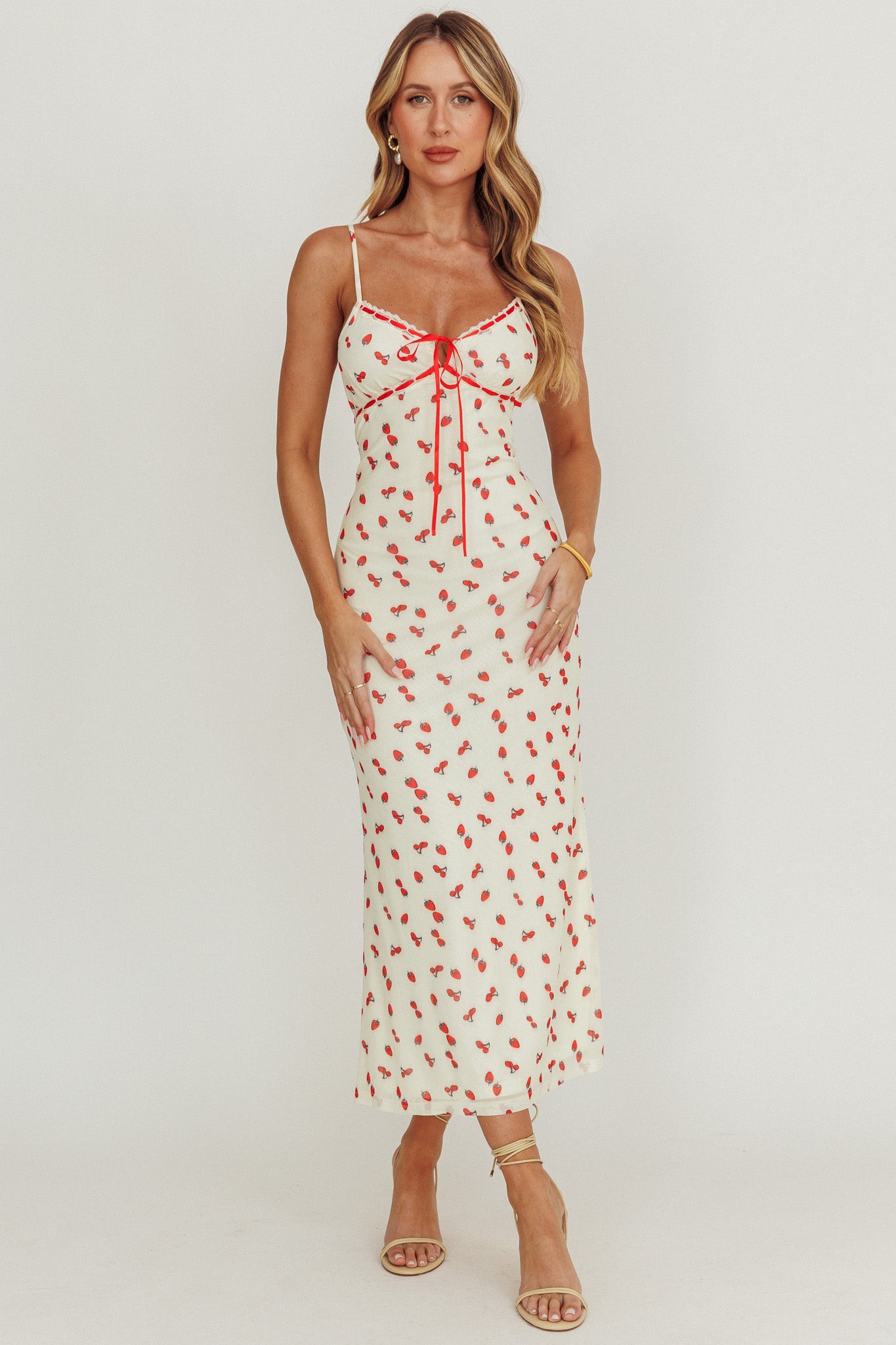 Heart Ablaze Strawberry Cherry Print Midi Dress Cream Heart Ablaze Strawberry Cherry Print Midi Dress Cream