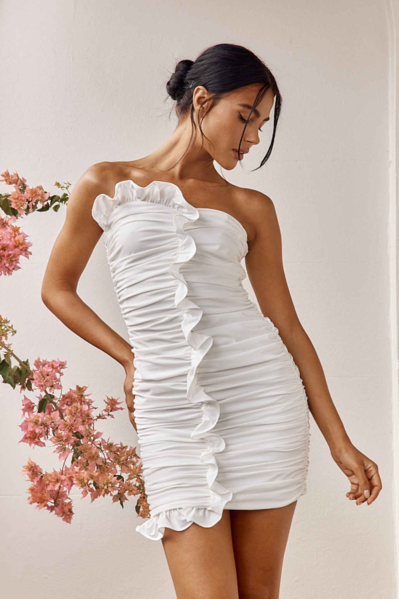Summer Dawn Ruffle Trim Ruched Mini Dress White Summer Dawn Ruffle Trim Ruched Mini Dress White