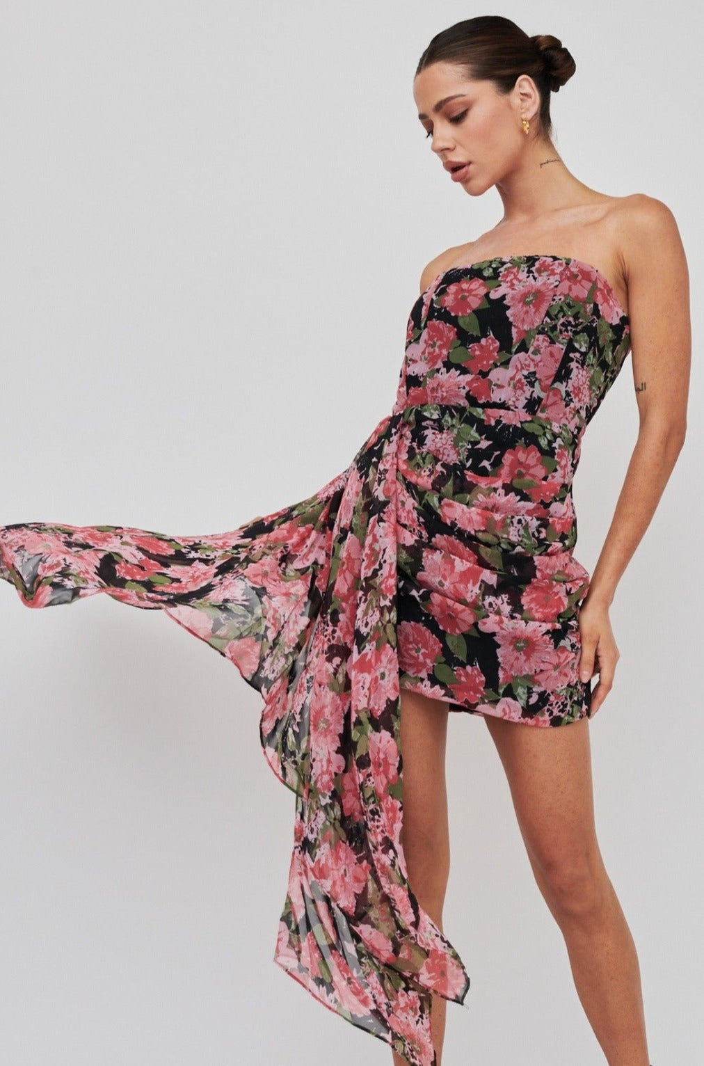 black mini dress with flowers Floral Print Mini Dress
