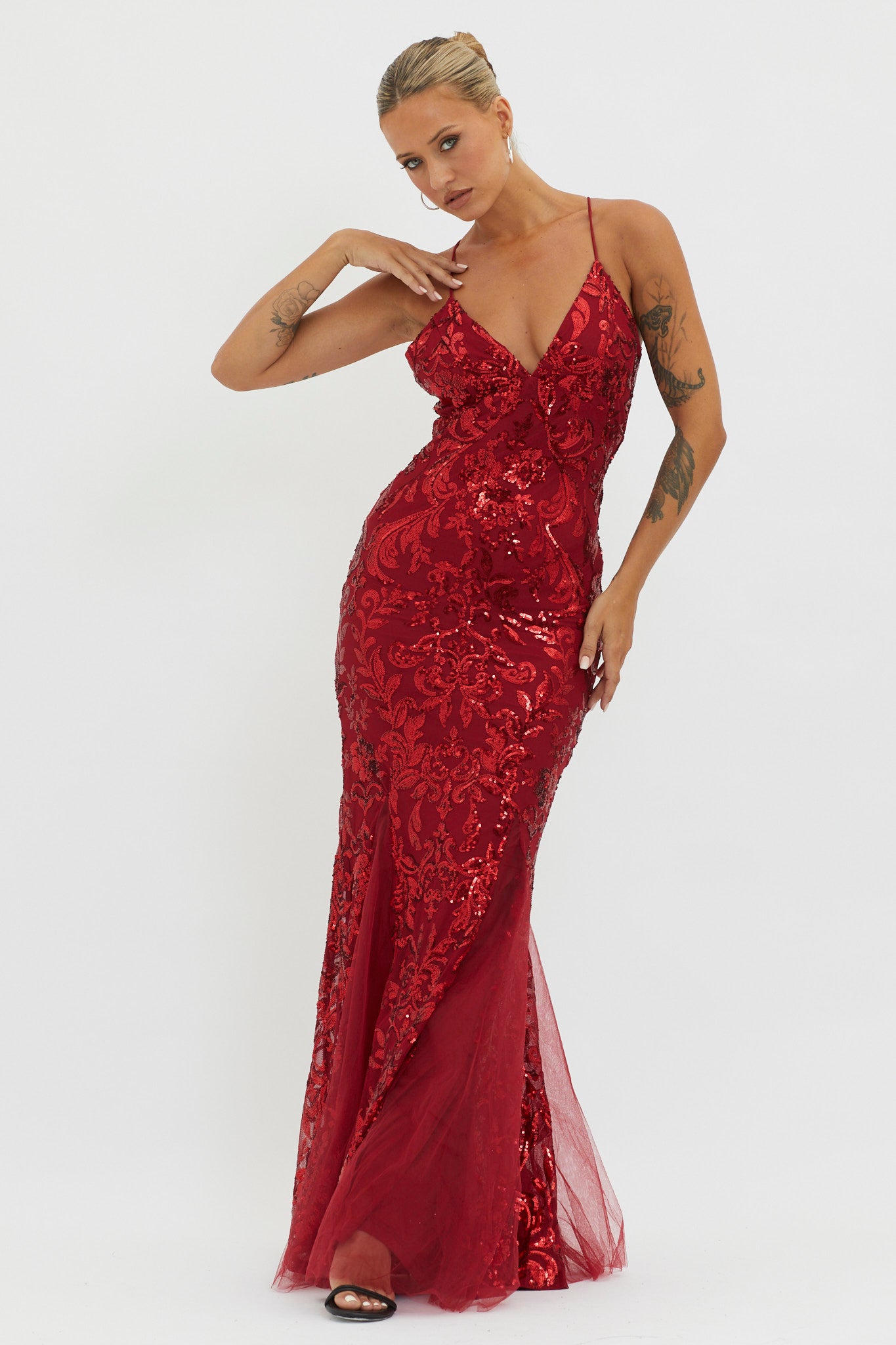 Serenade Song Godet Hem Sequin Maxi Dress Red Serenade Song Godet Hem Sequin Maxi Dress Red