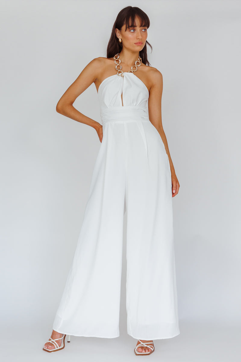 Shop the Golden Moon Chain Halter Jumpsuit White