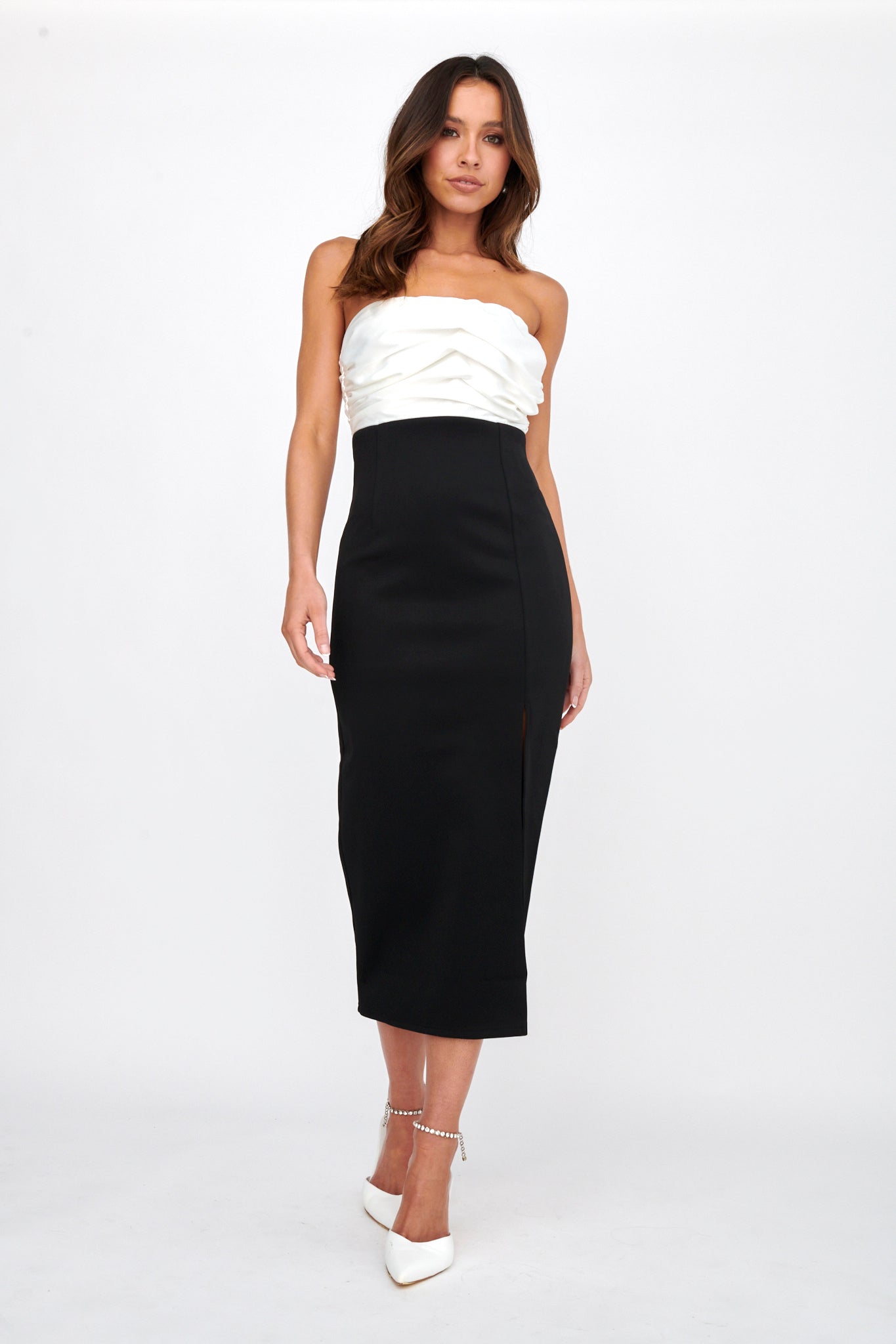 half black and white dress Half Moon Evening Dress with White Bowed Plumes – Retrofete main image 1