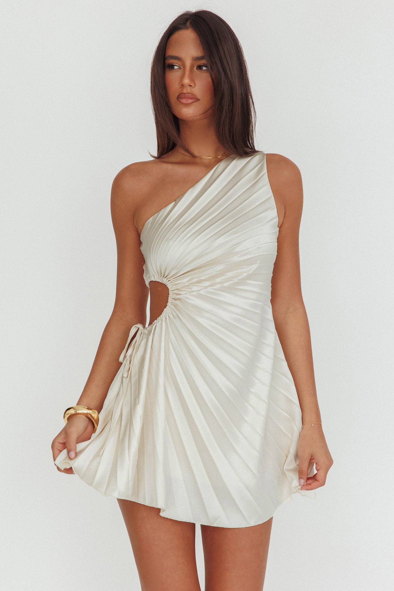 Glow Ray One-Shoulder Pleat Dress Champagne - XS Glow Ray One-Shoulder Pleat Dress Champagne - XS